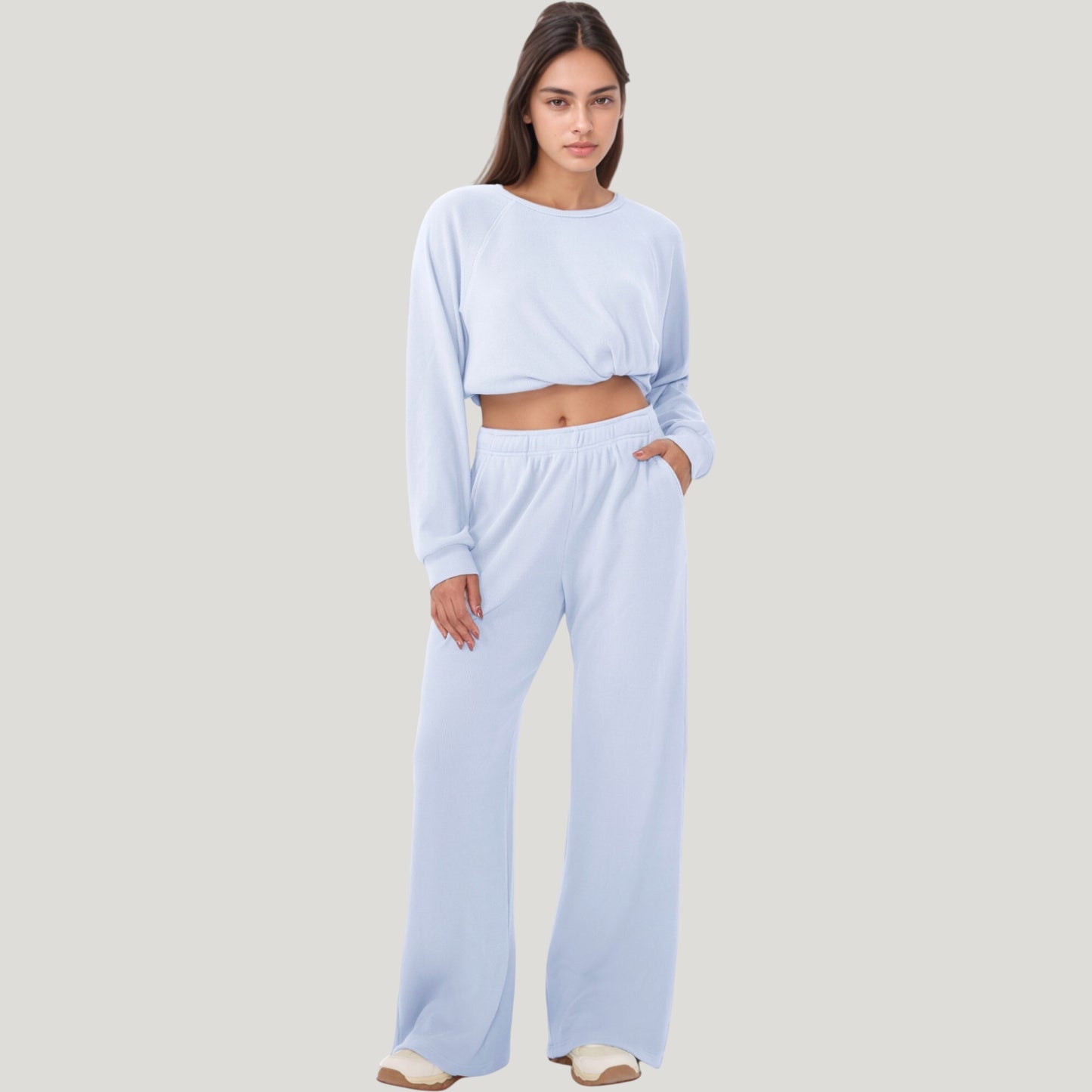 High Waist Wide Leg Athletic Pants with Side Pockets and Elastic Waistband