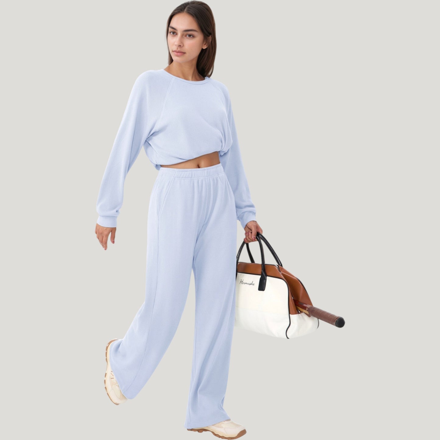 High Waist Wide Leg Athletic Pants with Side Pockets and Elastic Waistband