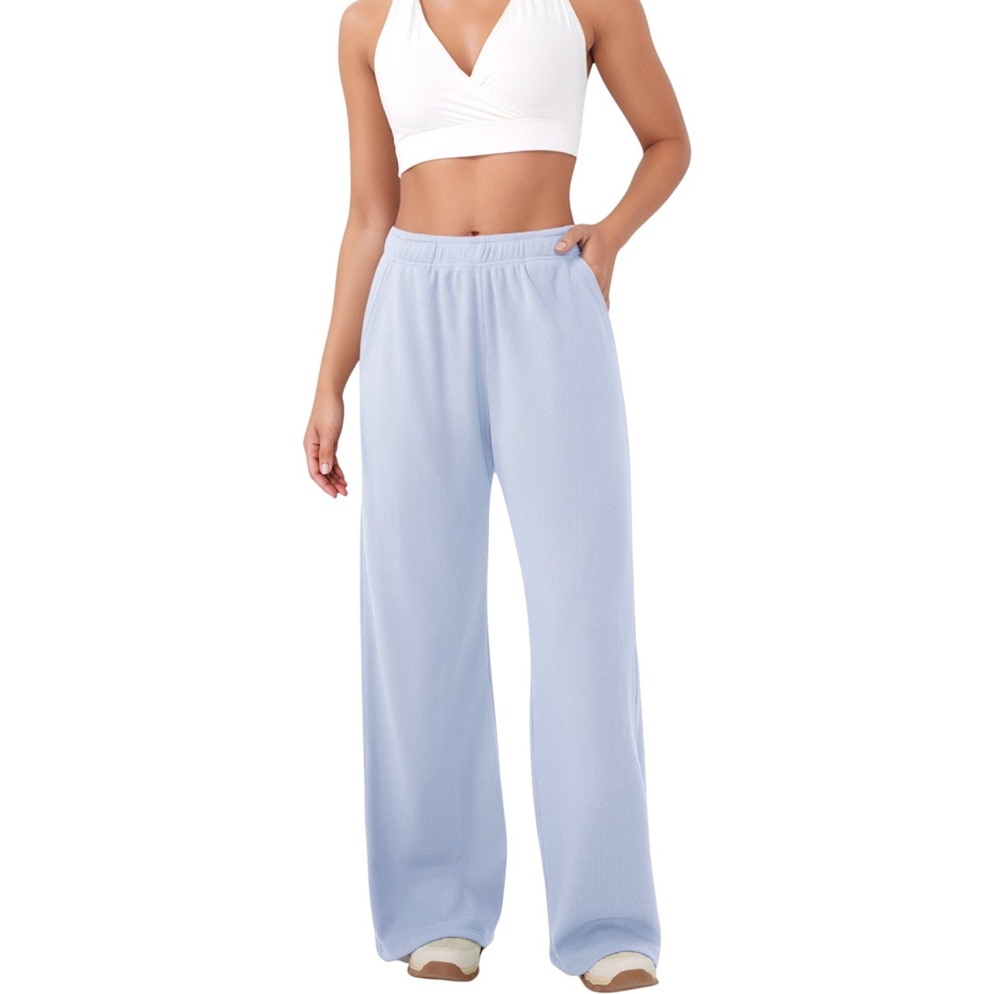 High Waist Wide Leg Athletic Pants with Side Pockets and Elastic Waistband