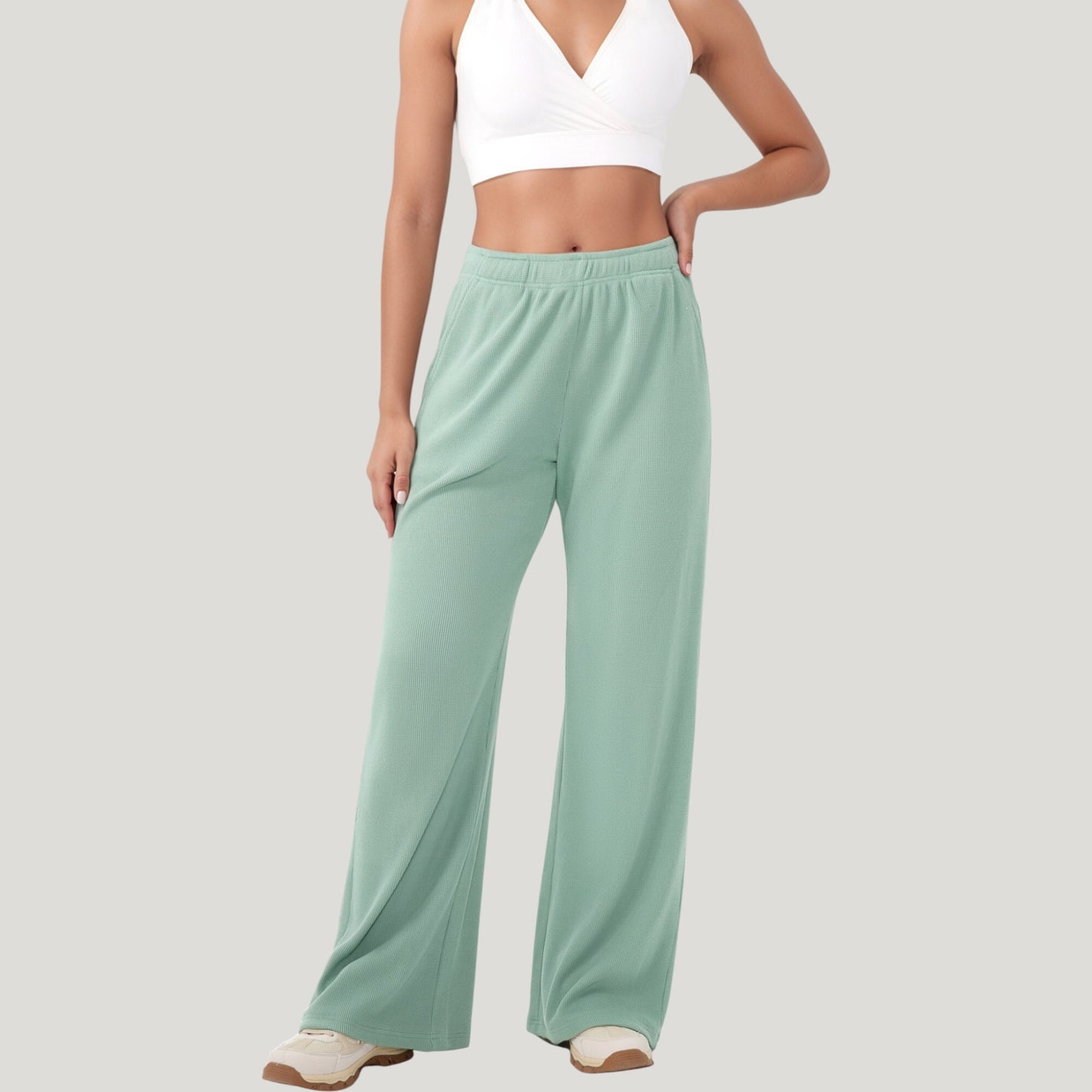 High Waist Wide Leg Athletic Pants with Side Pockets and Elastic Waistband