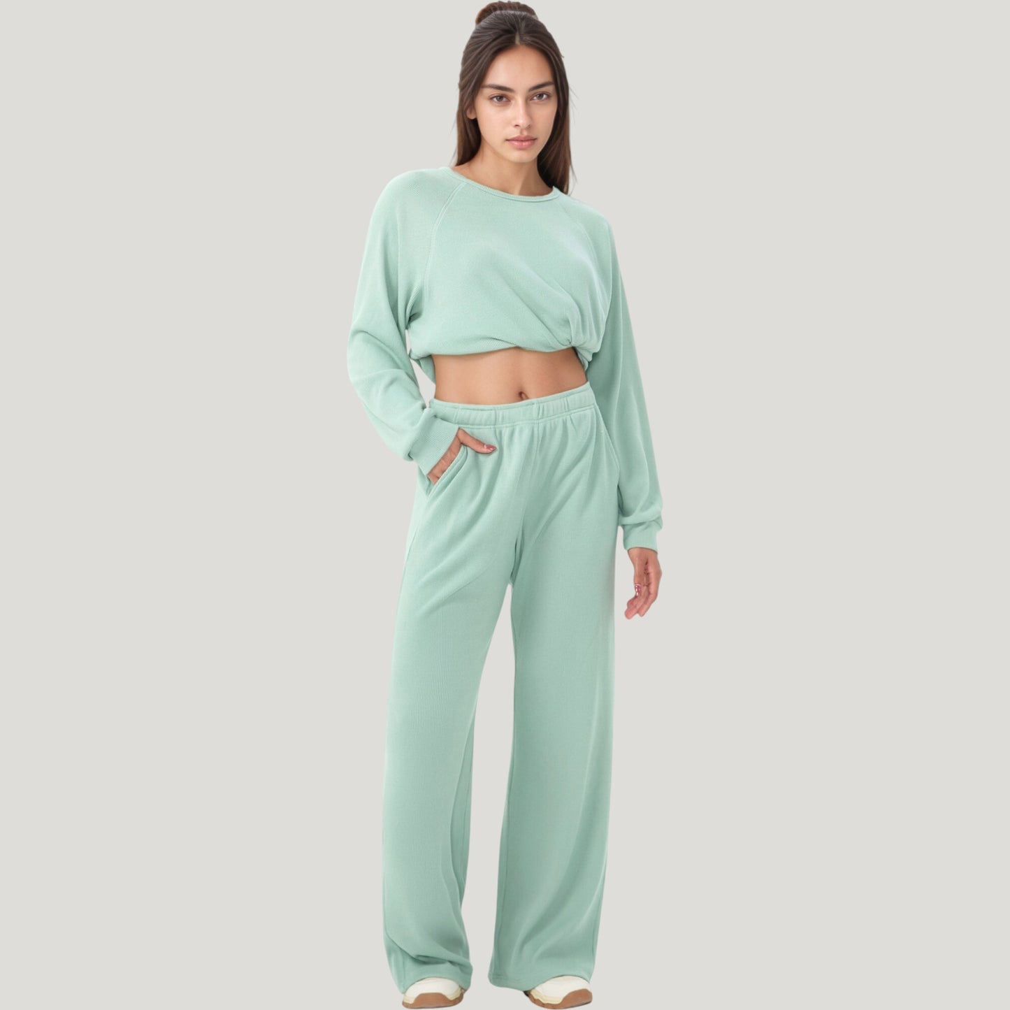 High Waist Wide Leg Athletic Pants with Side Pockets and Elastic Waistband