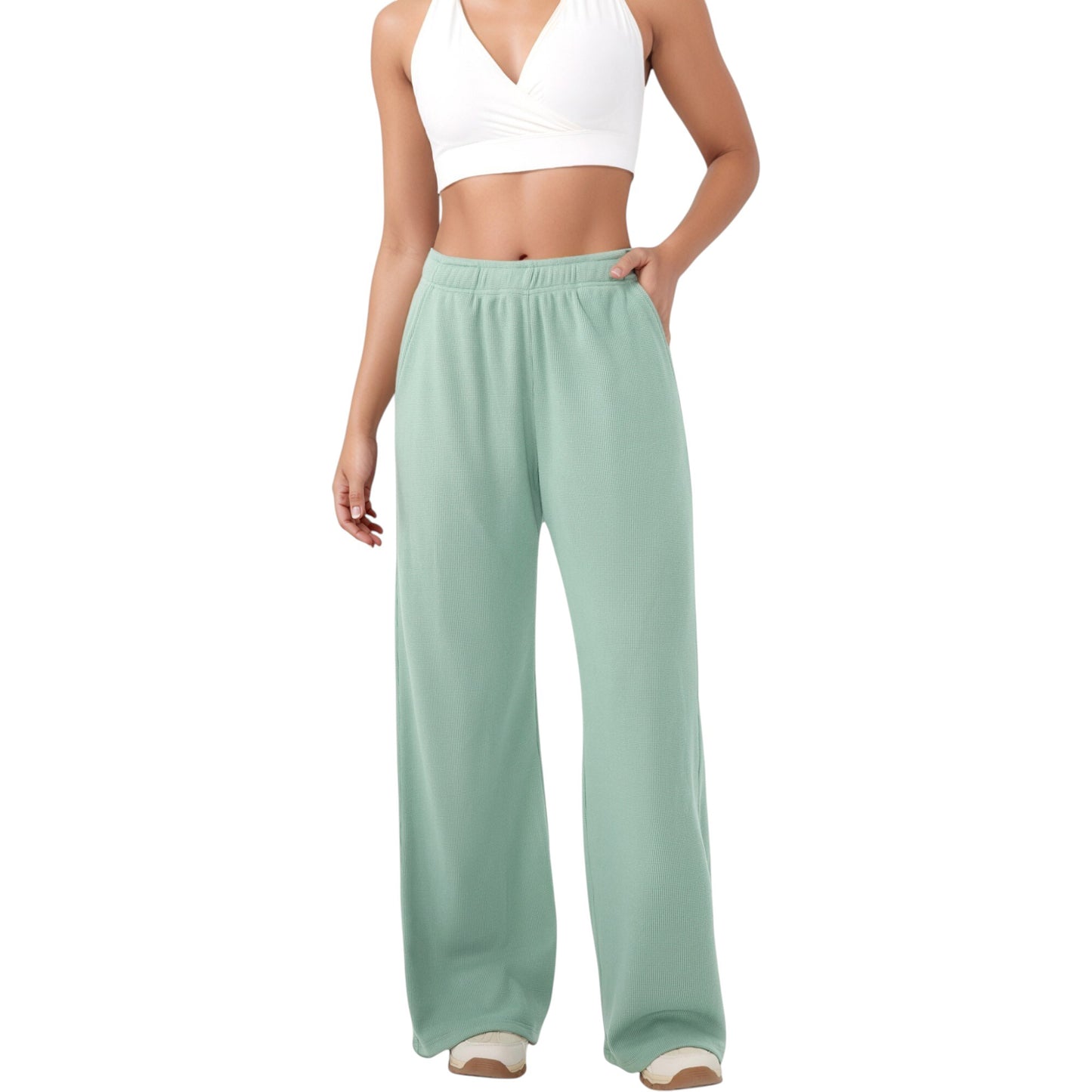 High Waist Wide Leg Athletic Pants with Side Pockets and Elastic Waistband