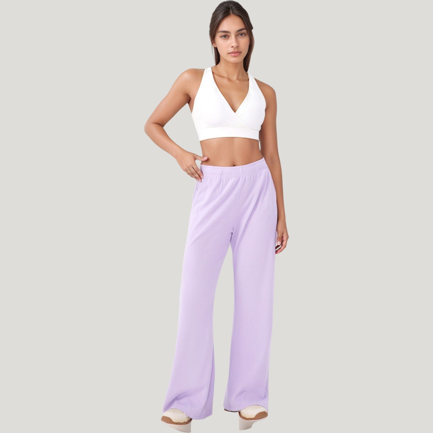 High Waist Wide Leg Athletic Pants with Side Pockets and Elastic Waistband