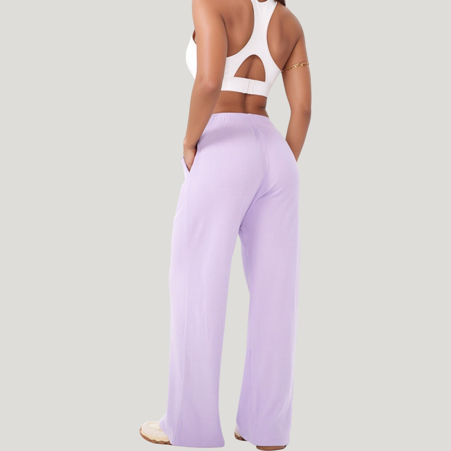 High Waist Wide Leg Athletic Pants with Side Pockets and Elastic Waistband