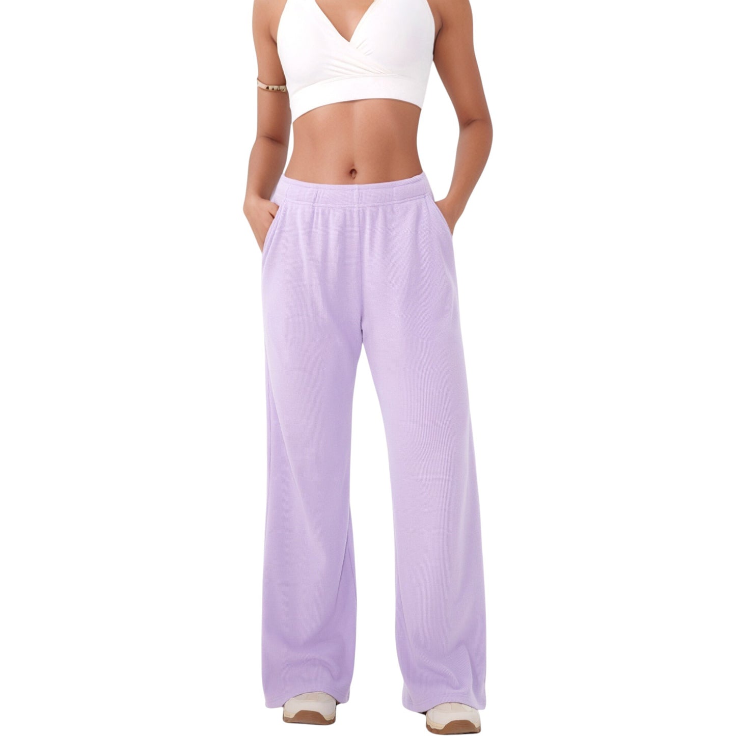 High Waist Wide Leg Athletic Pants with Side Pockets and Elastic Waistband