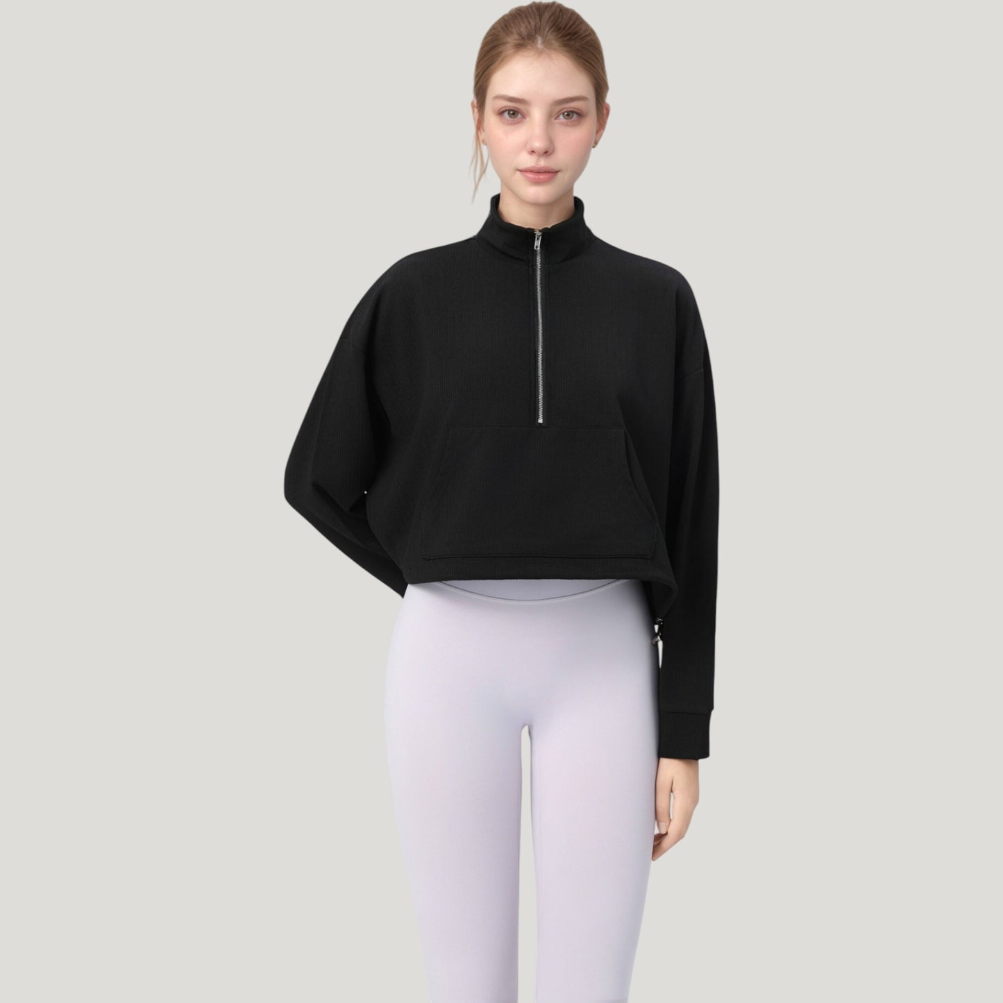 Long Sleeve Half Zip Pullover Top with Mock Neck and Kangaroo Pocket