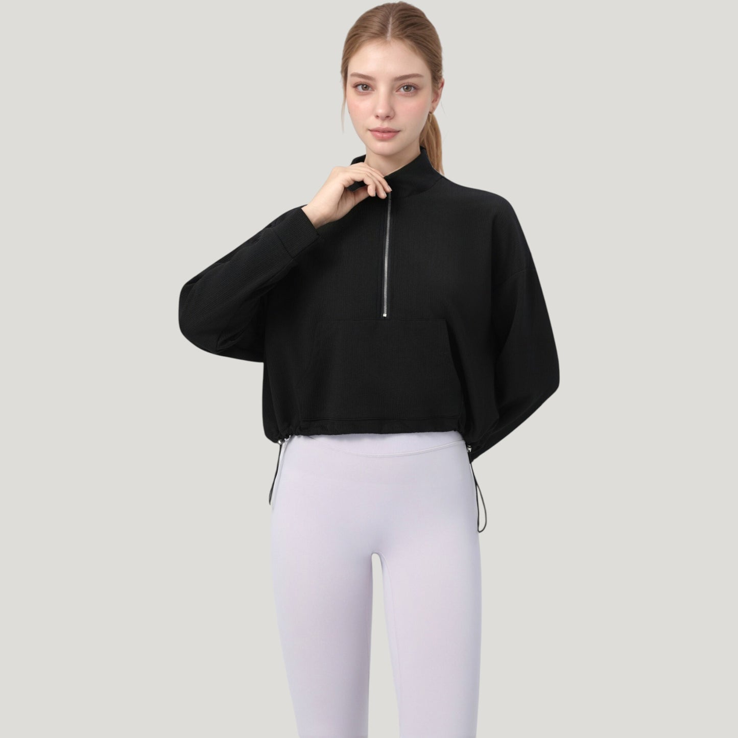 Long Sleeve Half Zip Pullover Top with Mock Neck and Kangaroo Pocket