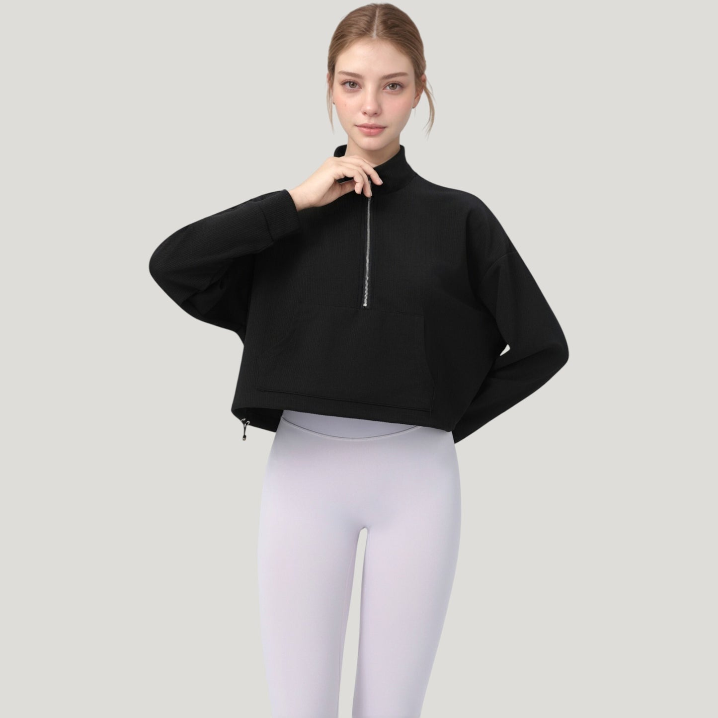 Long Sleeve Half Zip Pullover Top with Mock Neck and Kangaroo Pocket
