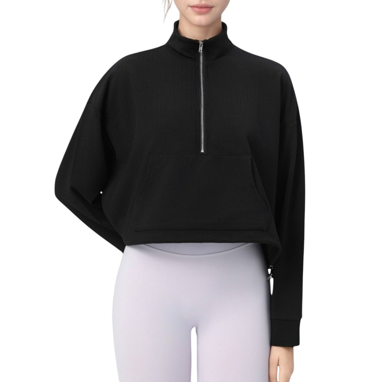Long Sleeve Half Zip Pullover Top with Mock Neck and Kangaroo Pocket