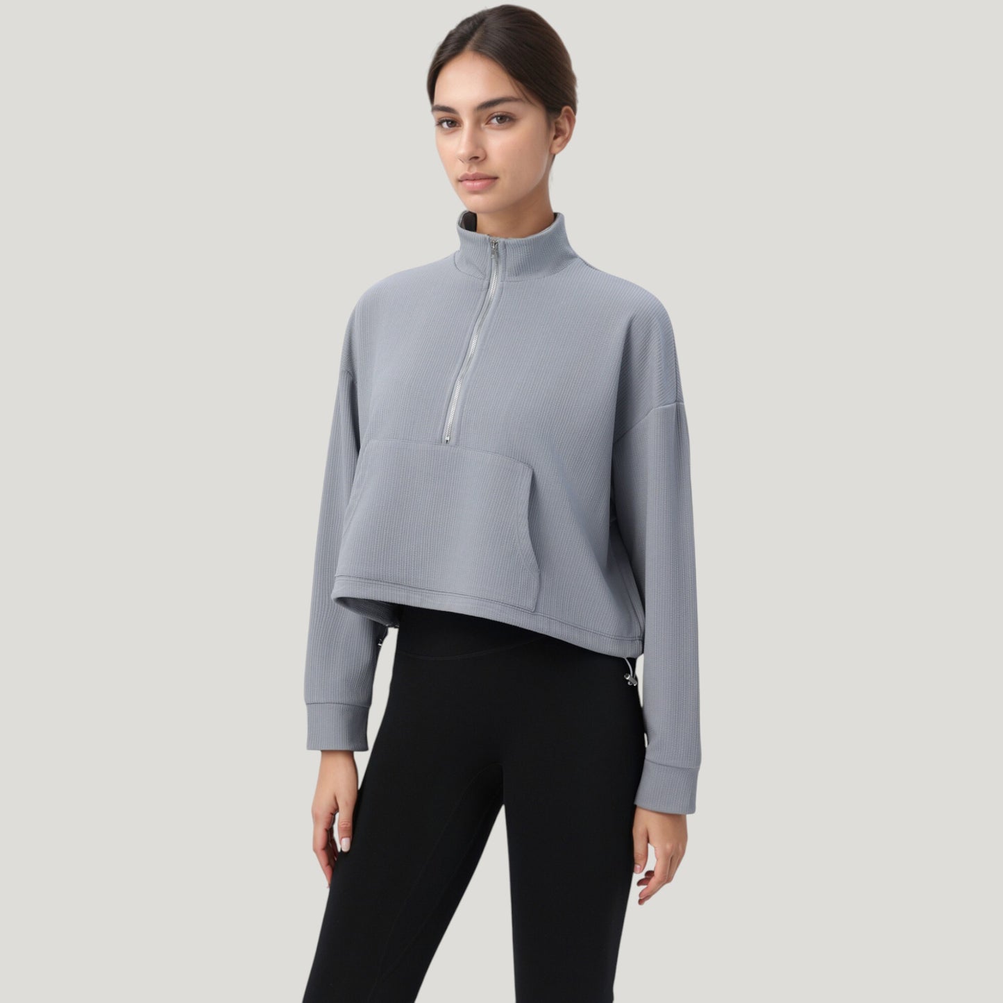Long Sleeve Half Zip Pullover Top with Mock Neck and Kangaroo Pocket