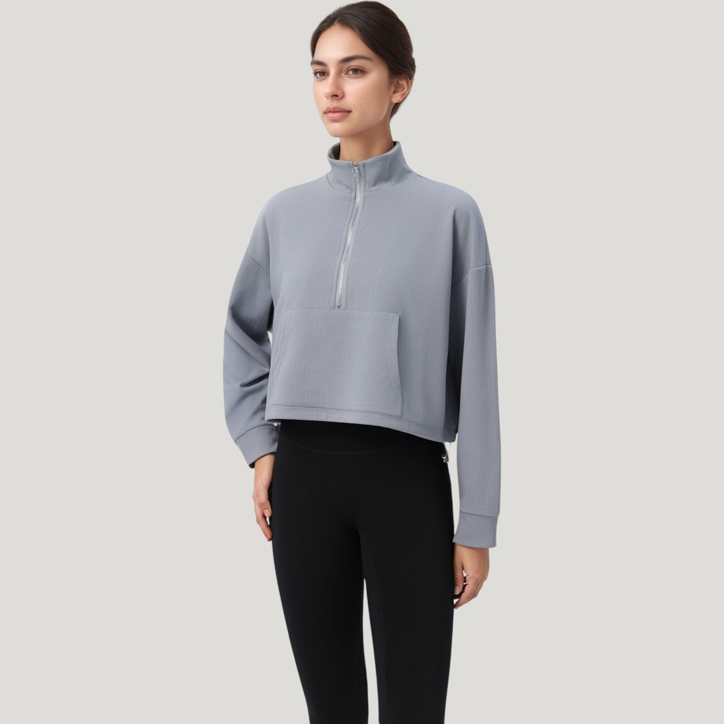 Long Sleeve Half Zip Pullover Top with Mock Neck and Kangaroo Pocket