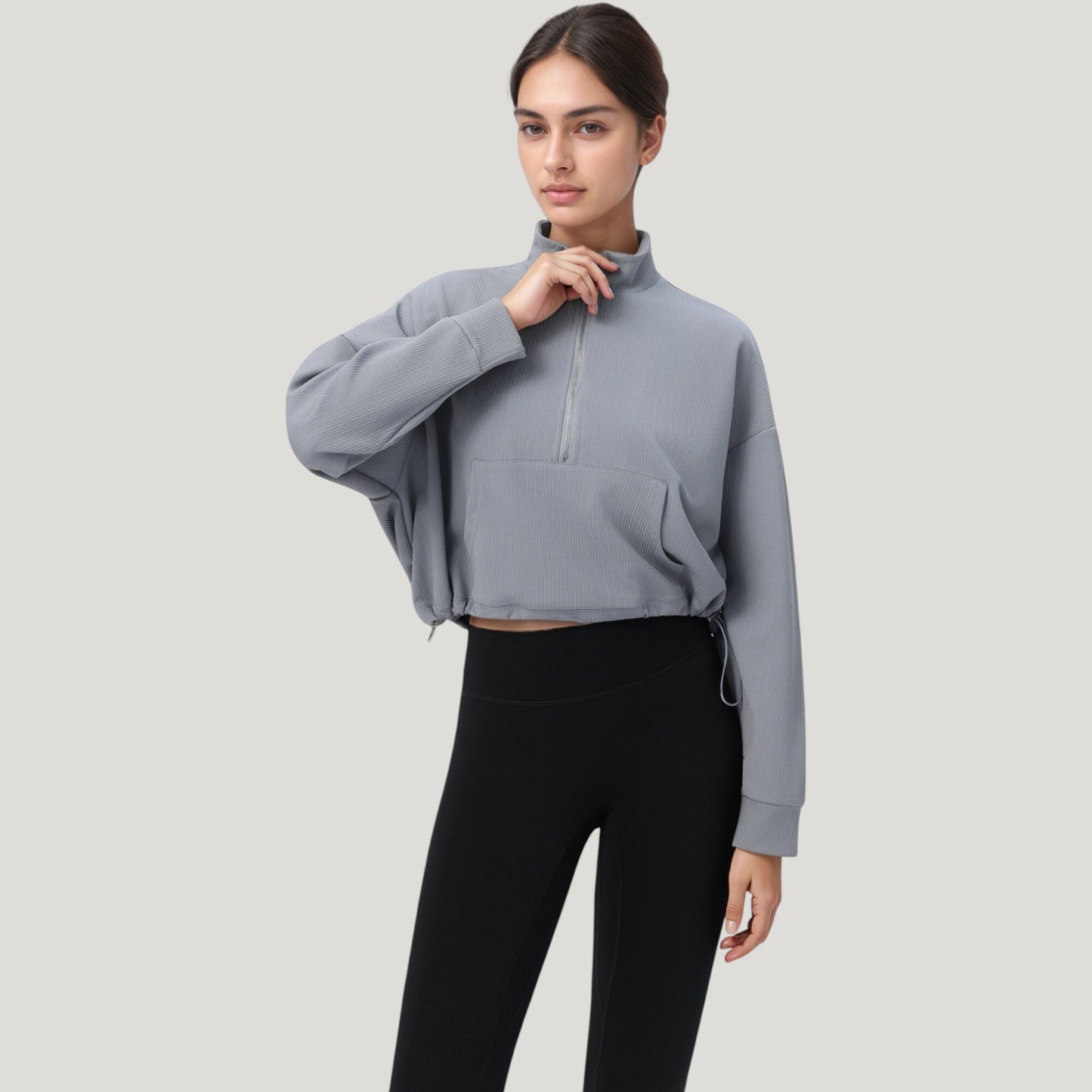 Long Sleeve Half Zip Pullover Top with Mock Neck and Kangaroo Pocket
