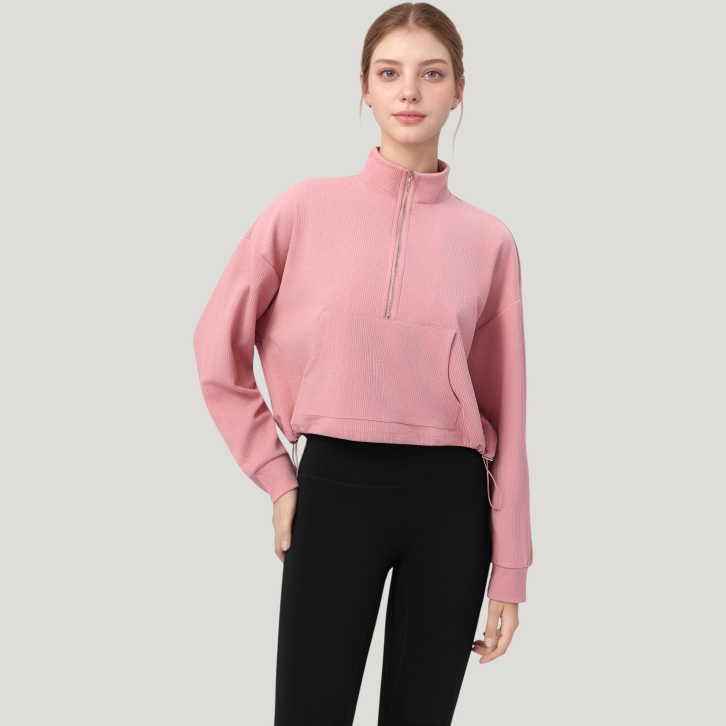 Long Sleeve Half Zip Pullover Top with Mock Neck and Kangaroo Pocket