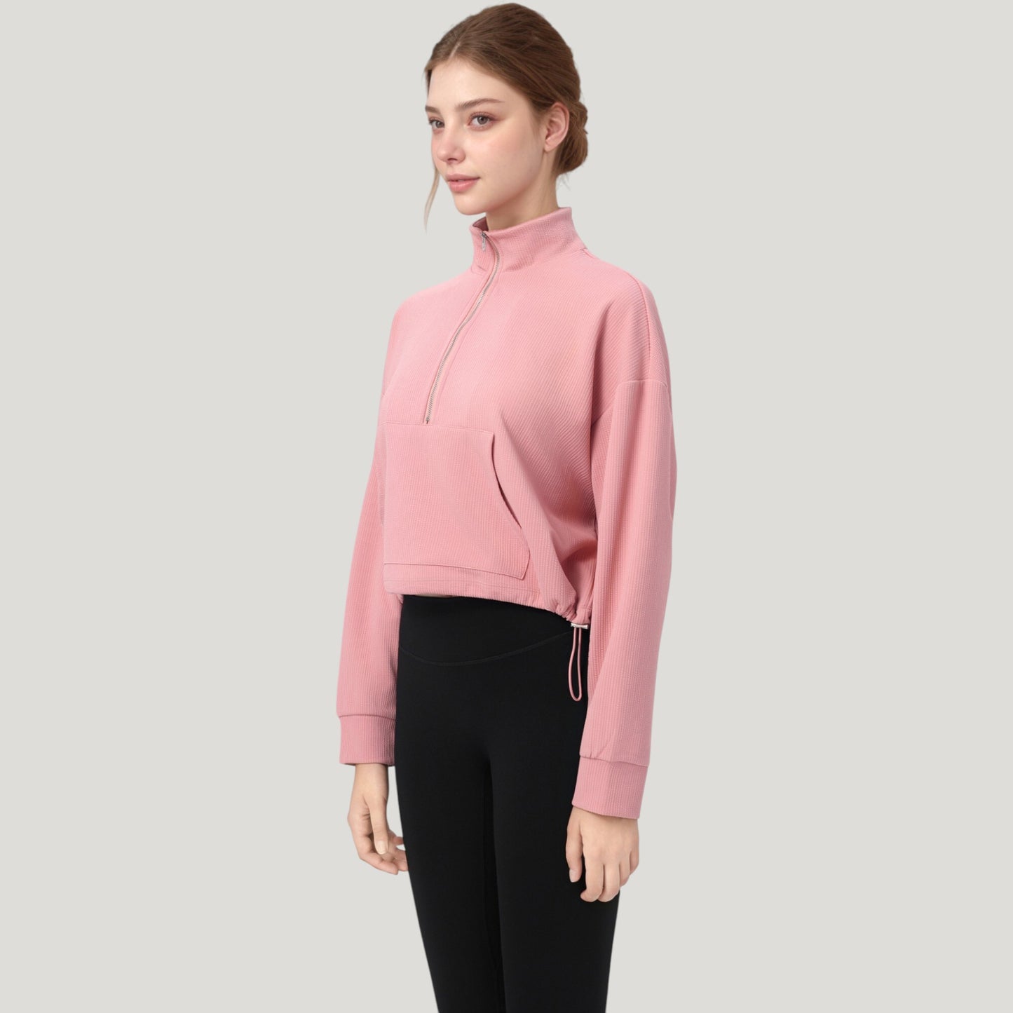 Long Sleeve Half Zip Pullover Top with Mock Neck and Kangaroo Pocket