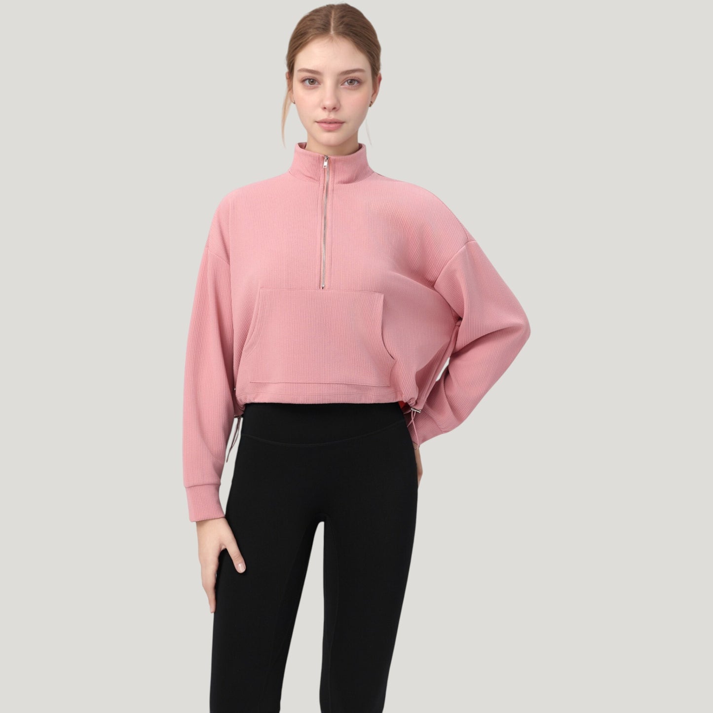 Long Sleeve Half Zip Pullover Top with Mock Neck and Kangaroo Pocket