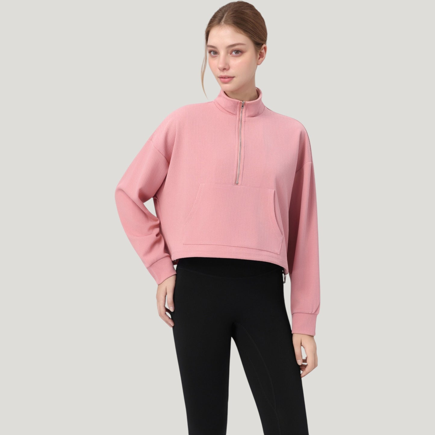 Long Sleeve Half Zip Pullover Top with Mock Neck and Kangaroo Pocket