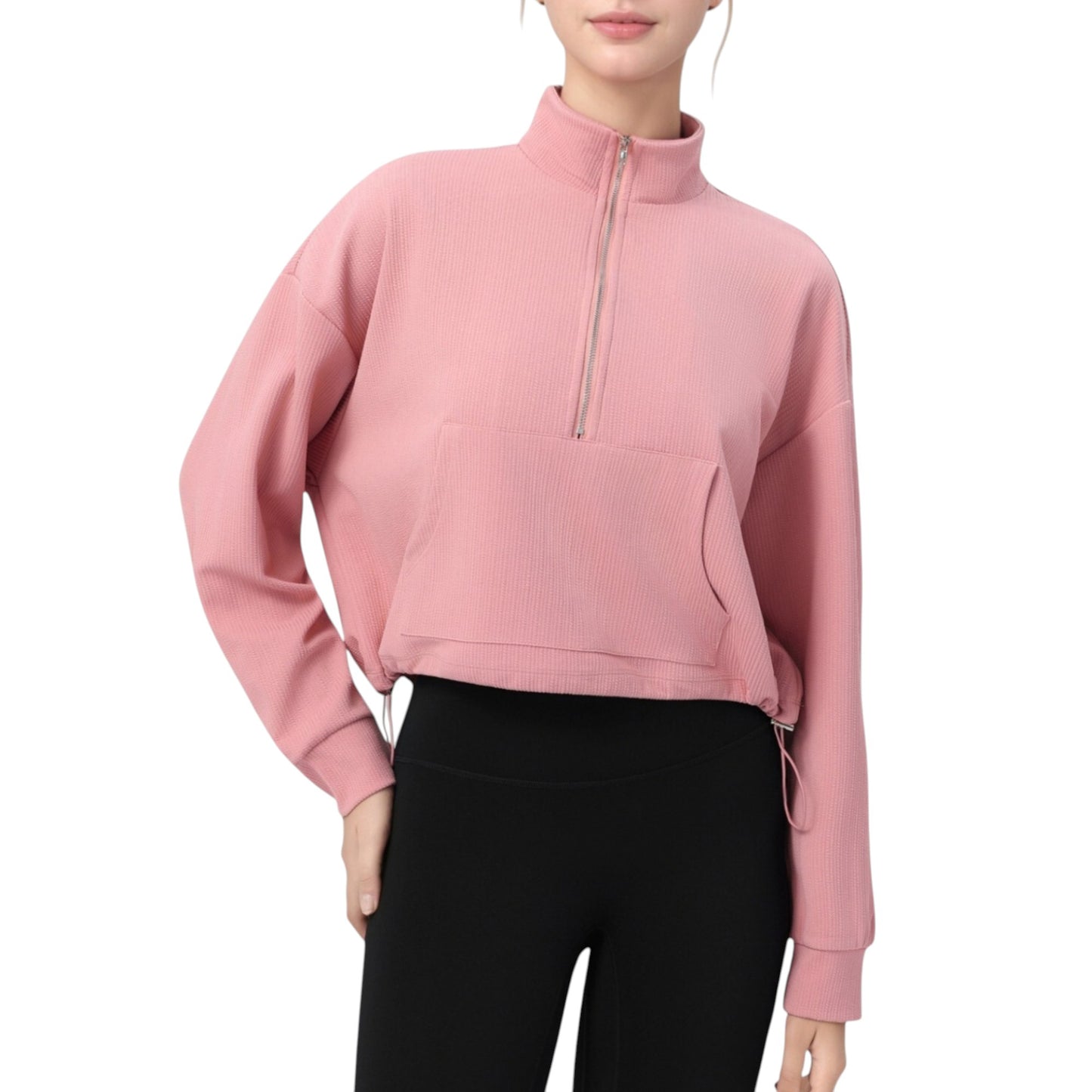 Long Sleeve Half Zip Pullover Top with Mock Neck and Kangaroo Pocket