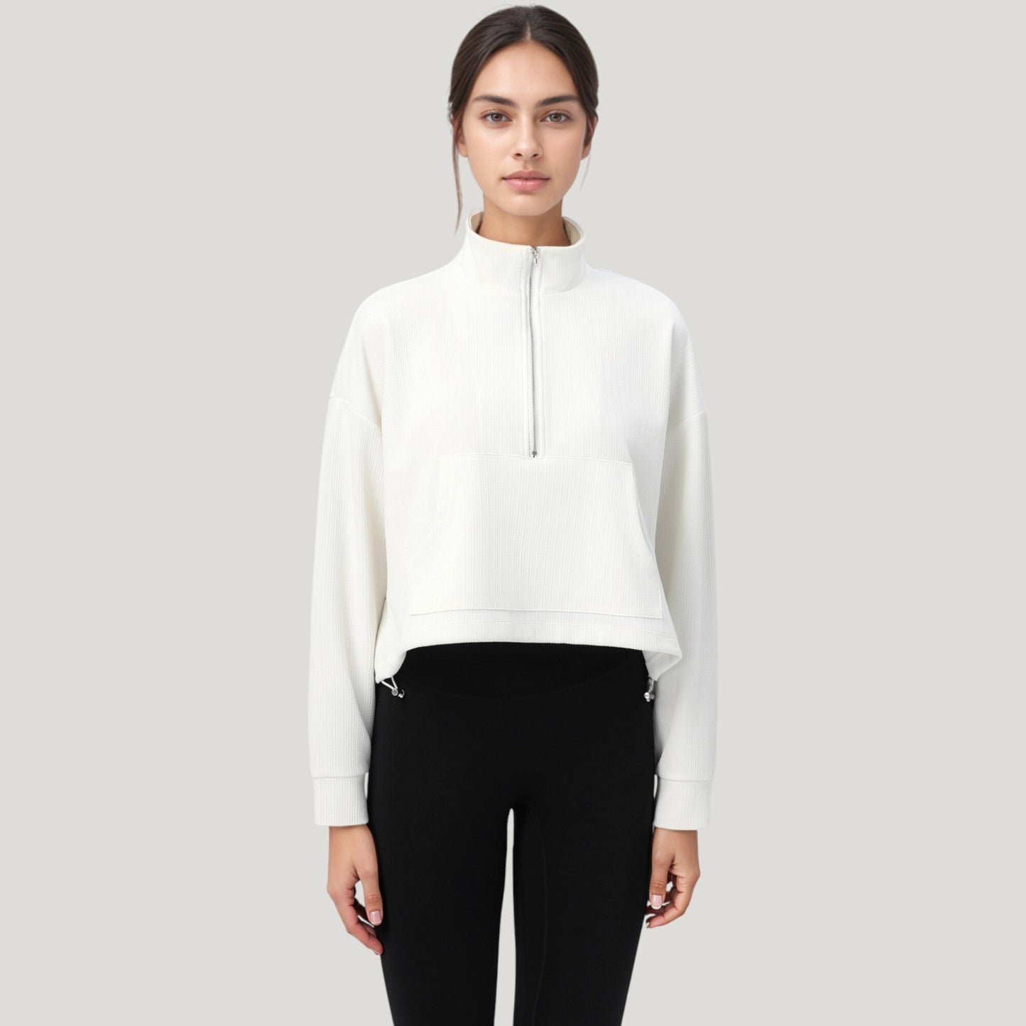 Long Sleeve Half Zip Pullover Top with Mock Neck and Kangaroo Pocket