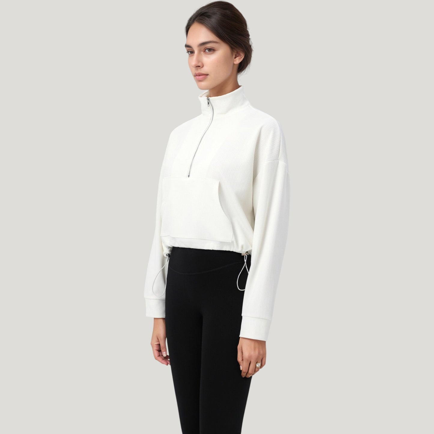 Long Sleeve Half Zip Pullover Top with Mock Neck and Kangaroo Pocket