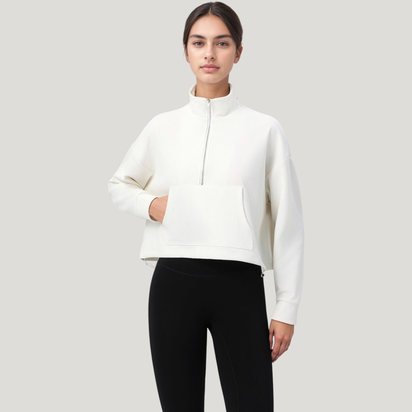 Long Sleeve Half Zip Pullover Top with Mock Neck and Kangaroo Pocket