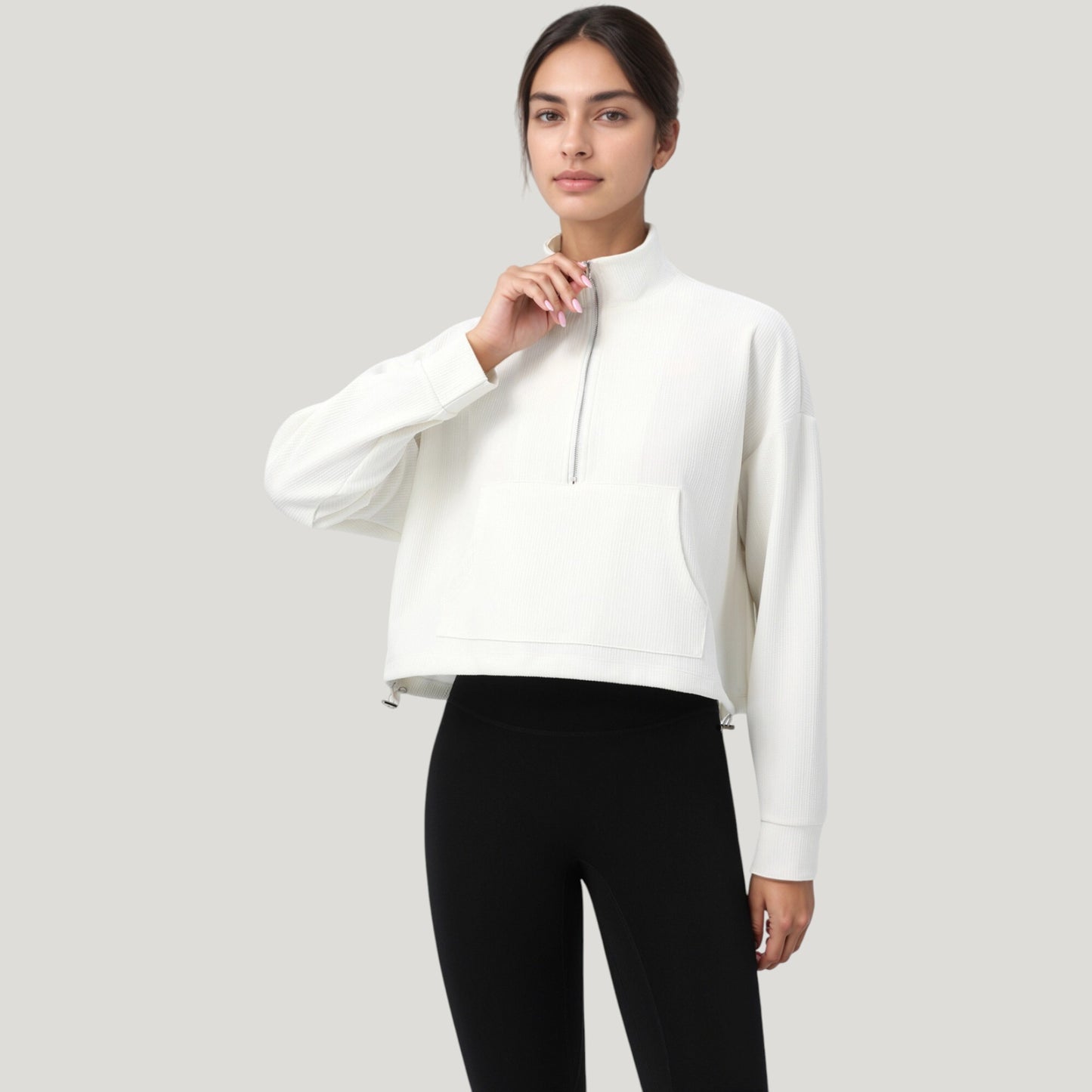 Long Sleeve Half Zip Pullover Top with Mock Neck and Kangaroo Pocket