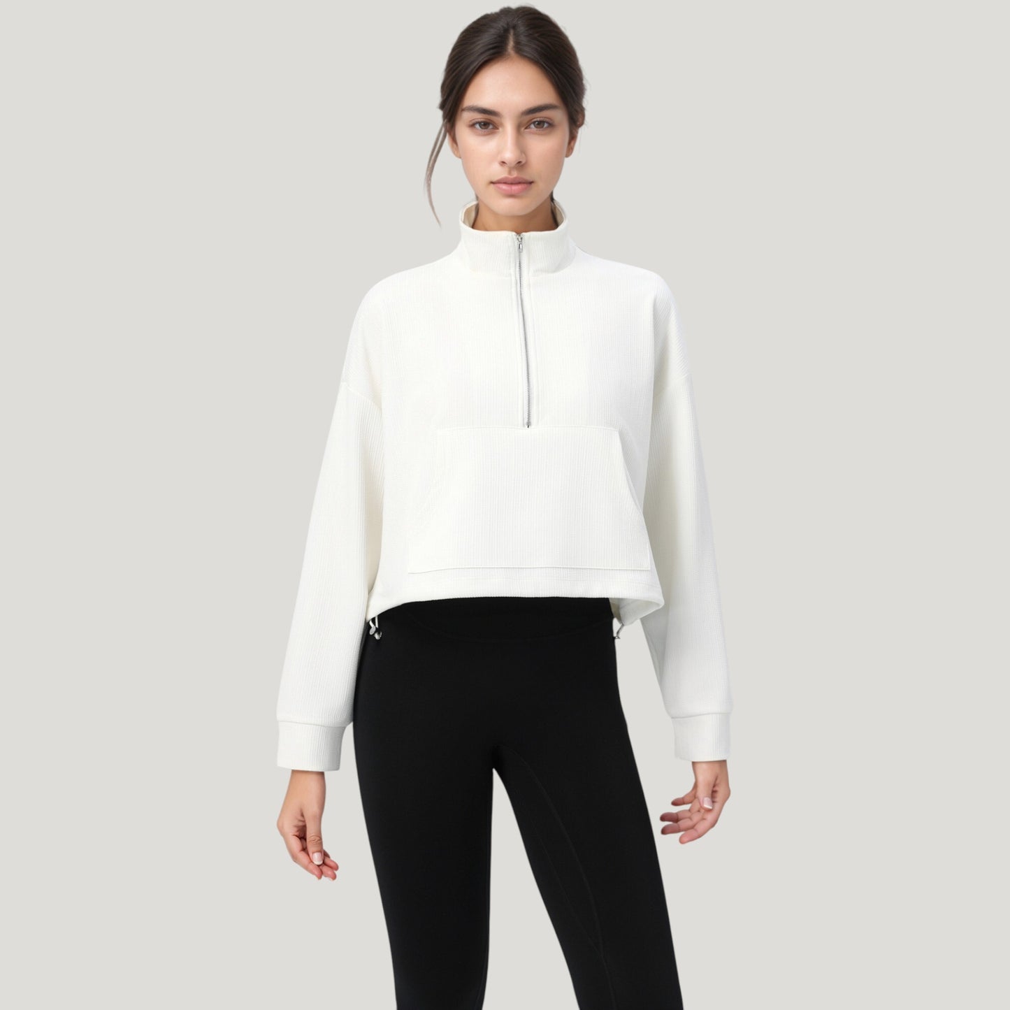 Long Sleeve Half Zip Pullover Top with Mock Neck and Kangaroo Pocket