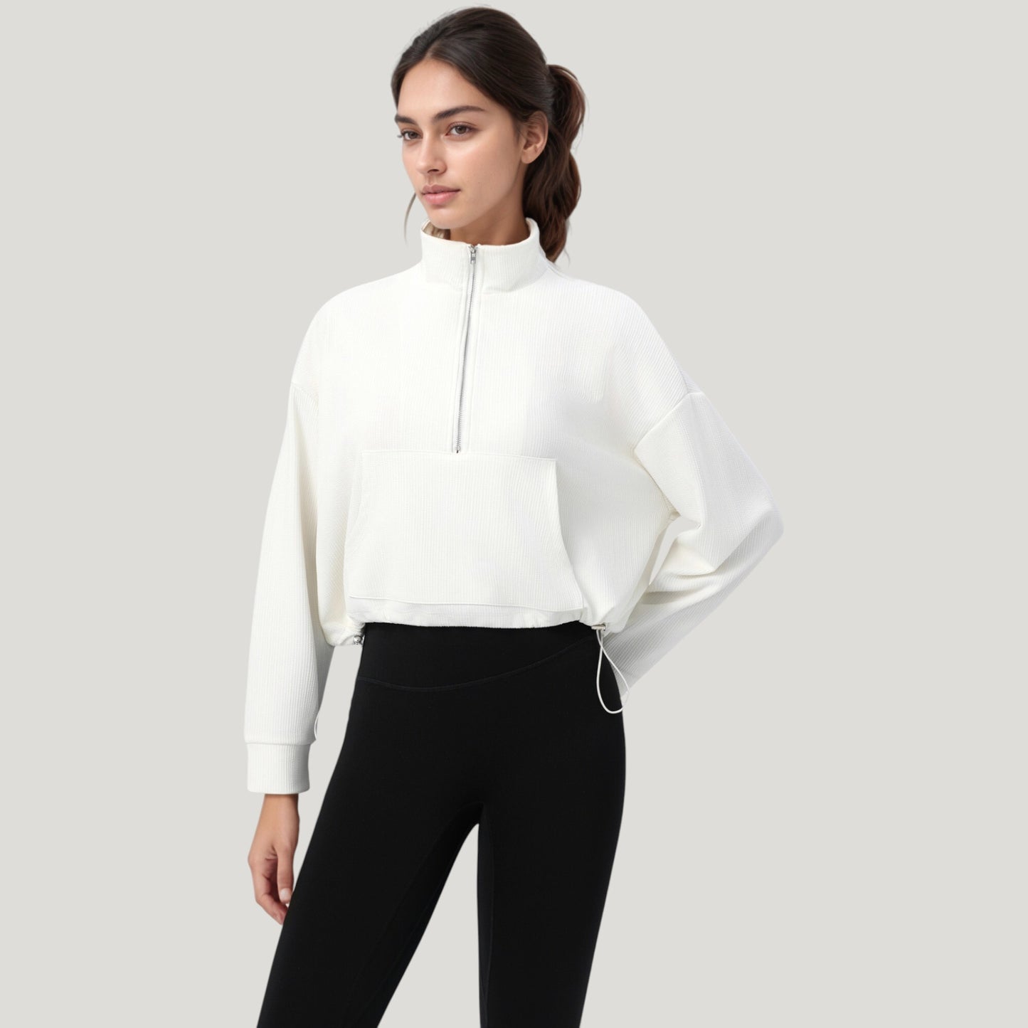 Long Sleeve Half Zip Pullover Top with Mock Neck and Kangaroo Pocket
