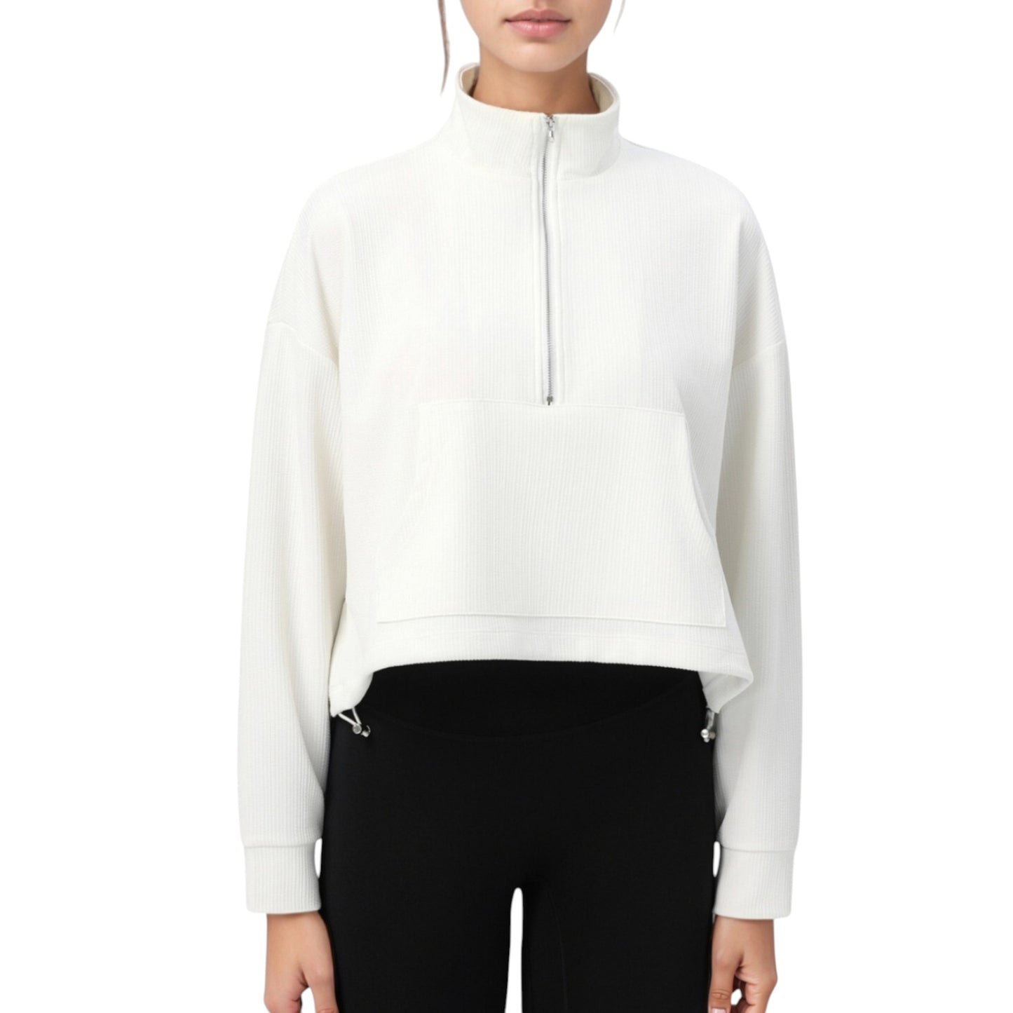 Long Sleeve Half Zip Pullover Top with Mock Neck and Kangaroo Pocket