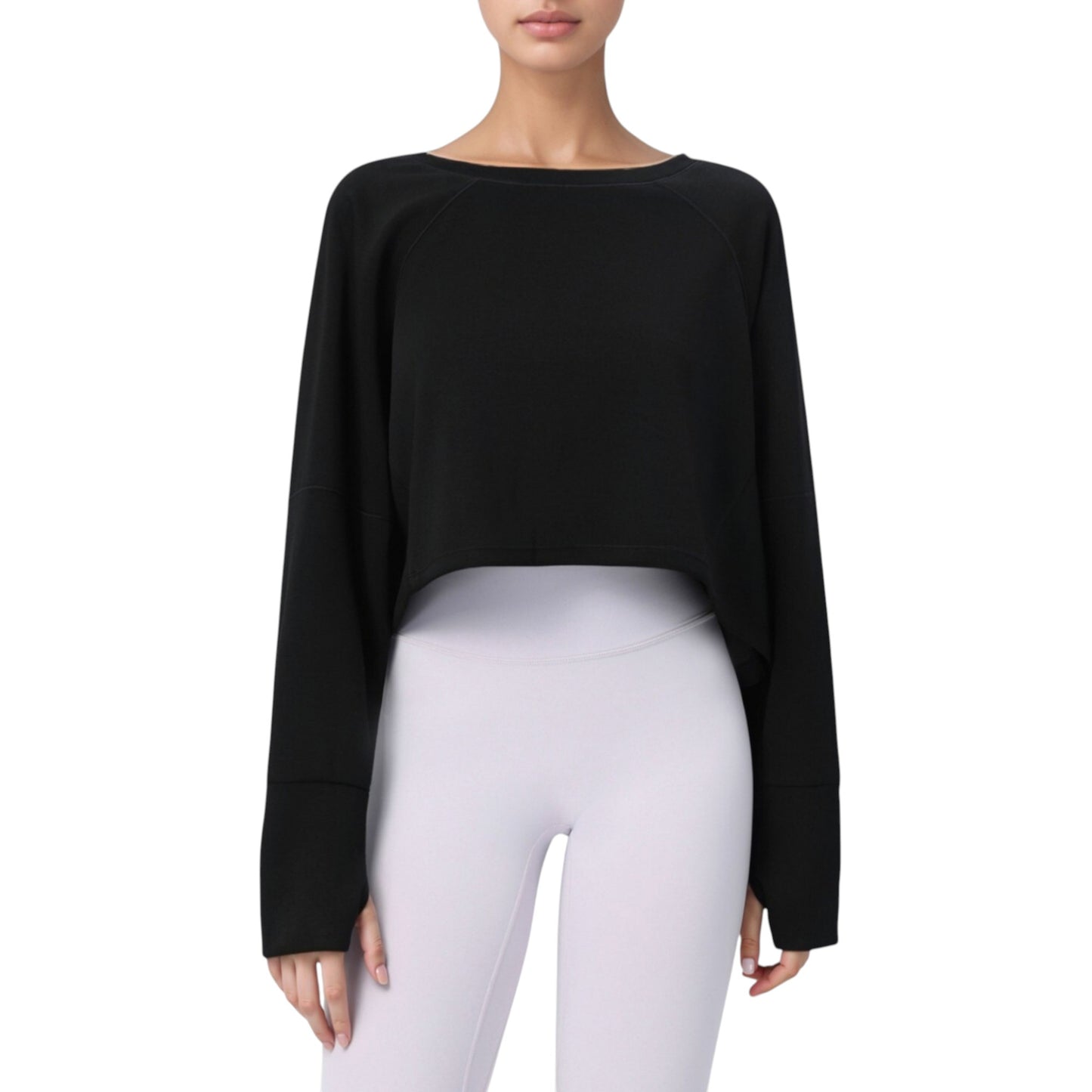 Cropped Long Sleeve Active Top with Relaxed Fit and Crew Neck