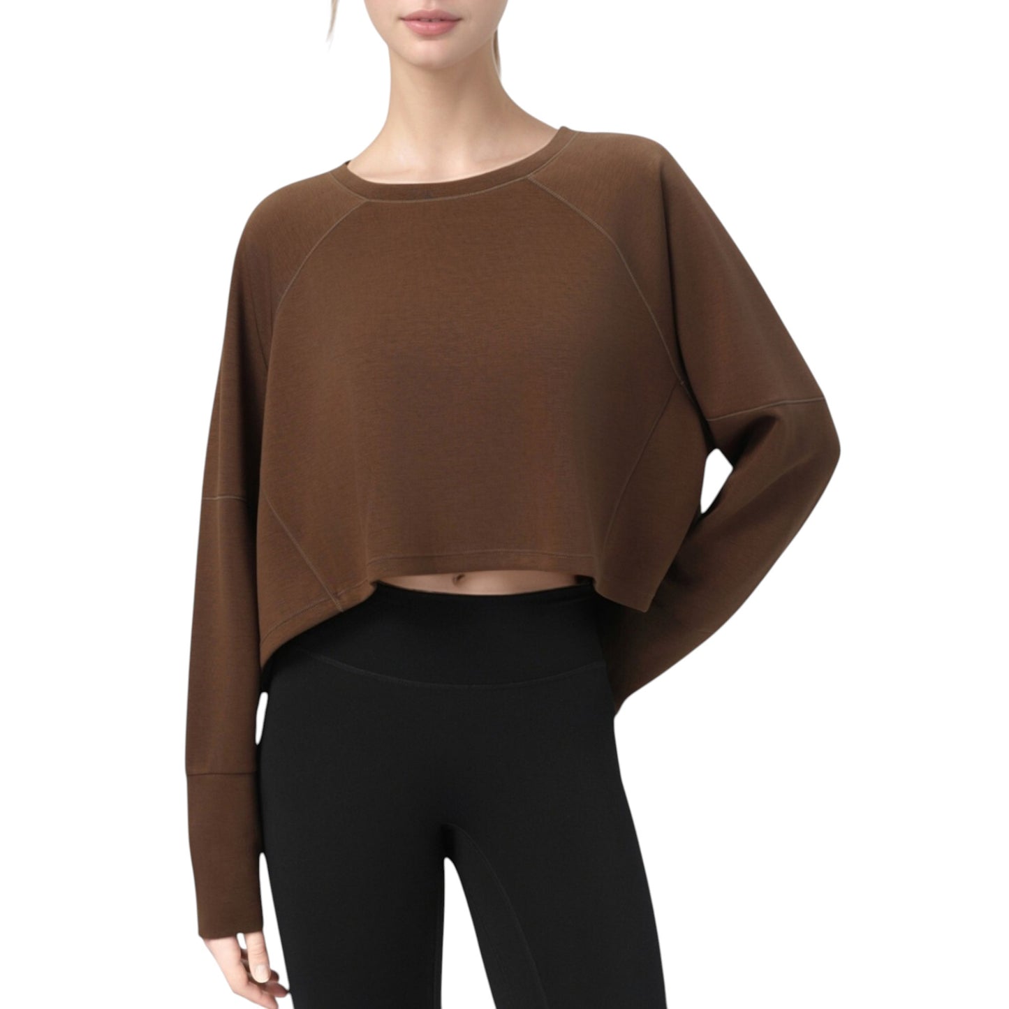 Cropped Long Sleeve Active Top with Relaxed Fit and Crew Neck