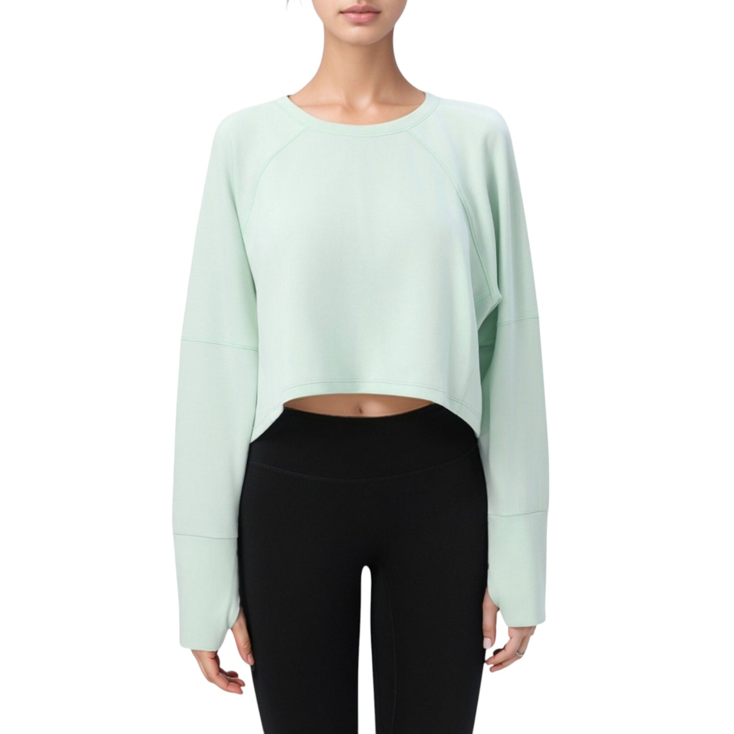 Cropped Long Sleeve Active Top with Relaxed Fit and Crew Neck