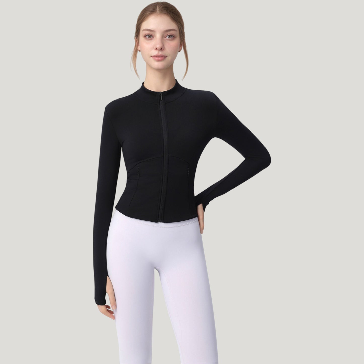 Long Sleeve Full Zip Athletic Jacket with Thumbholes and Fitted Silhouette