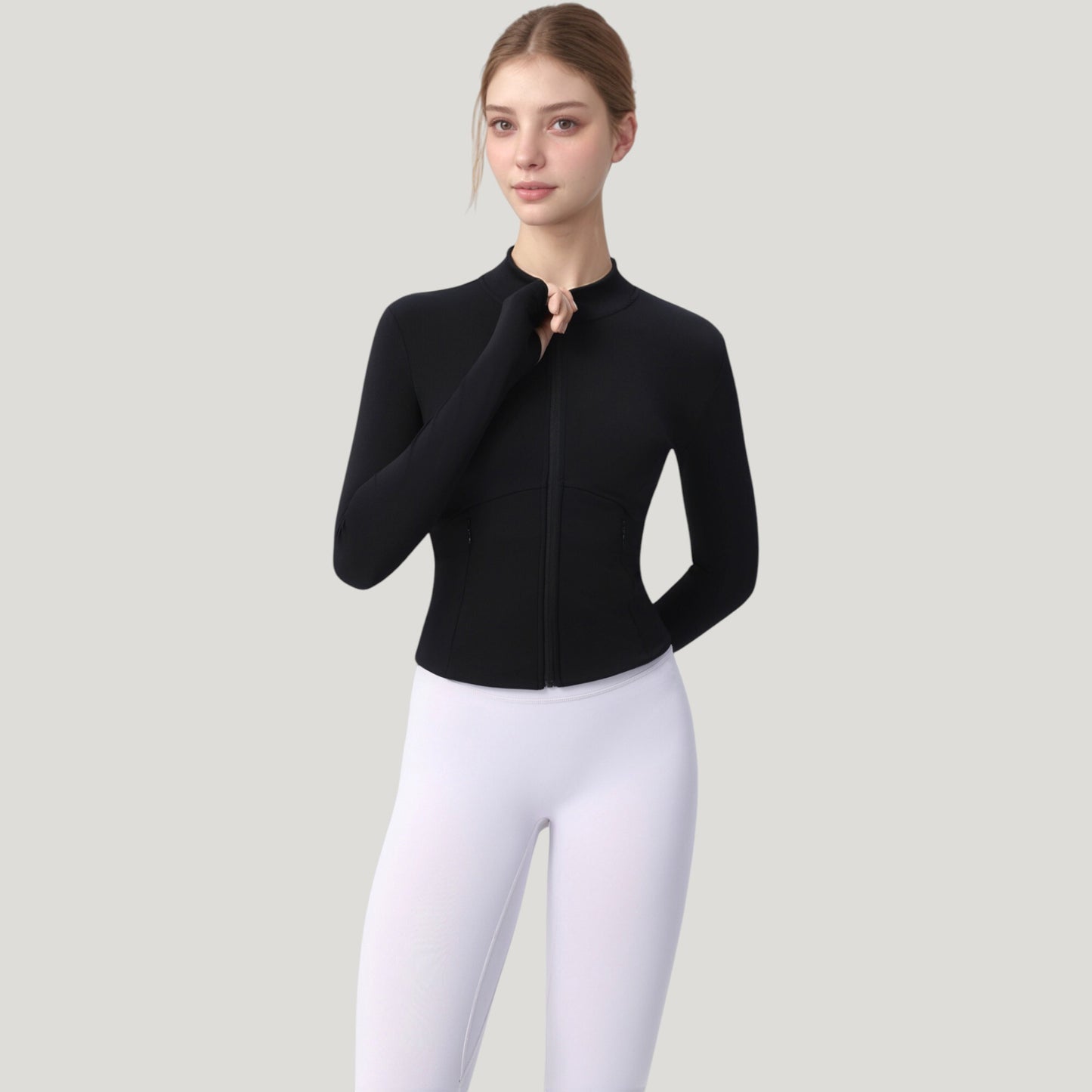 Long Sleeve Full Zip Athletic Jacket with Thumbholes and Fitted Silhouette