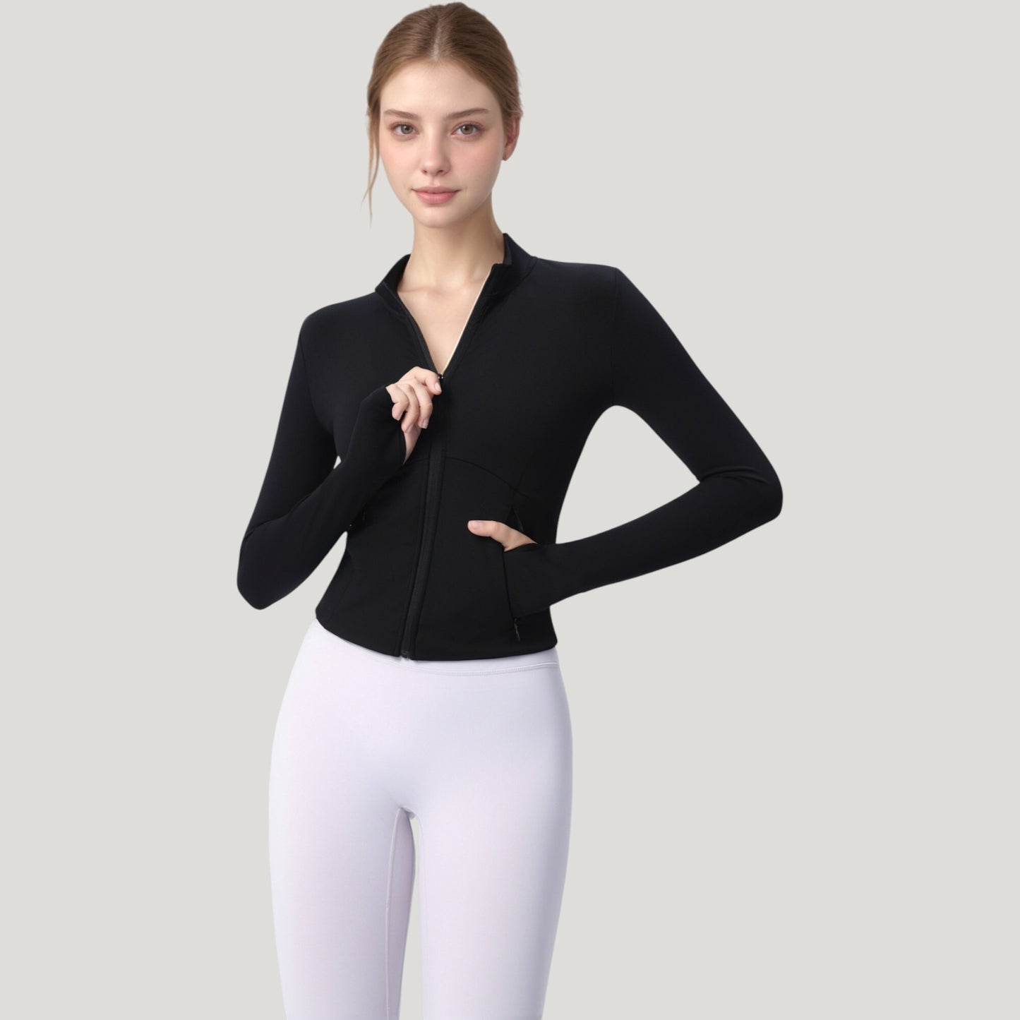 Long Sleeve Full Zip Athletic Jacket with Thumbholes and Fitted Silhouette
