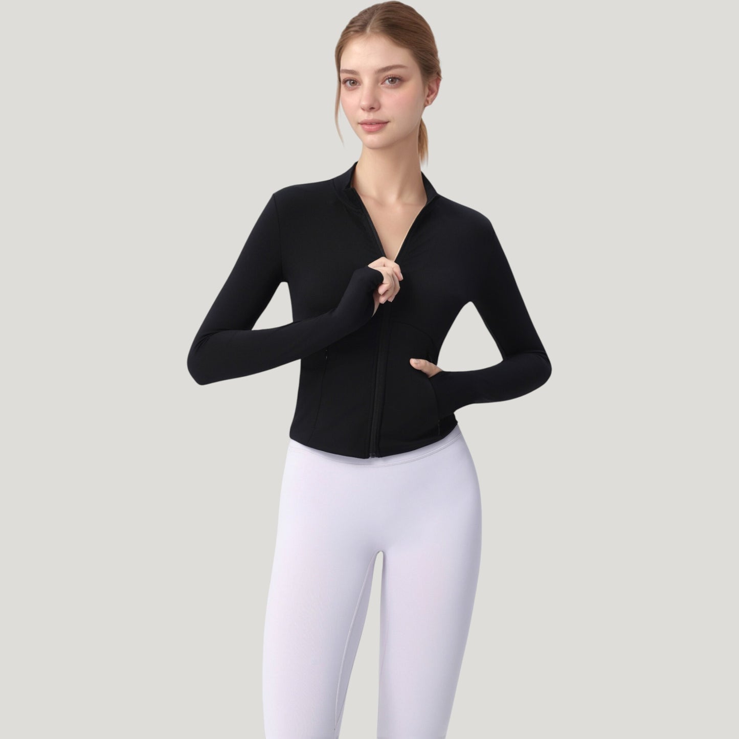Long Sleeve Full Zip Athletic Jacket with Thumbholes and Fitted Silhouette