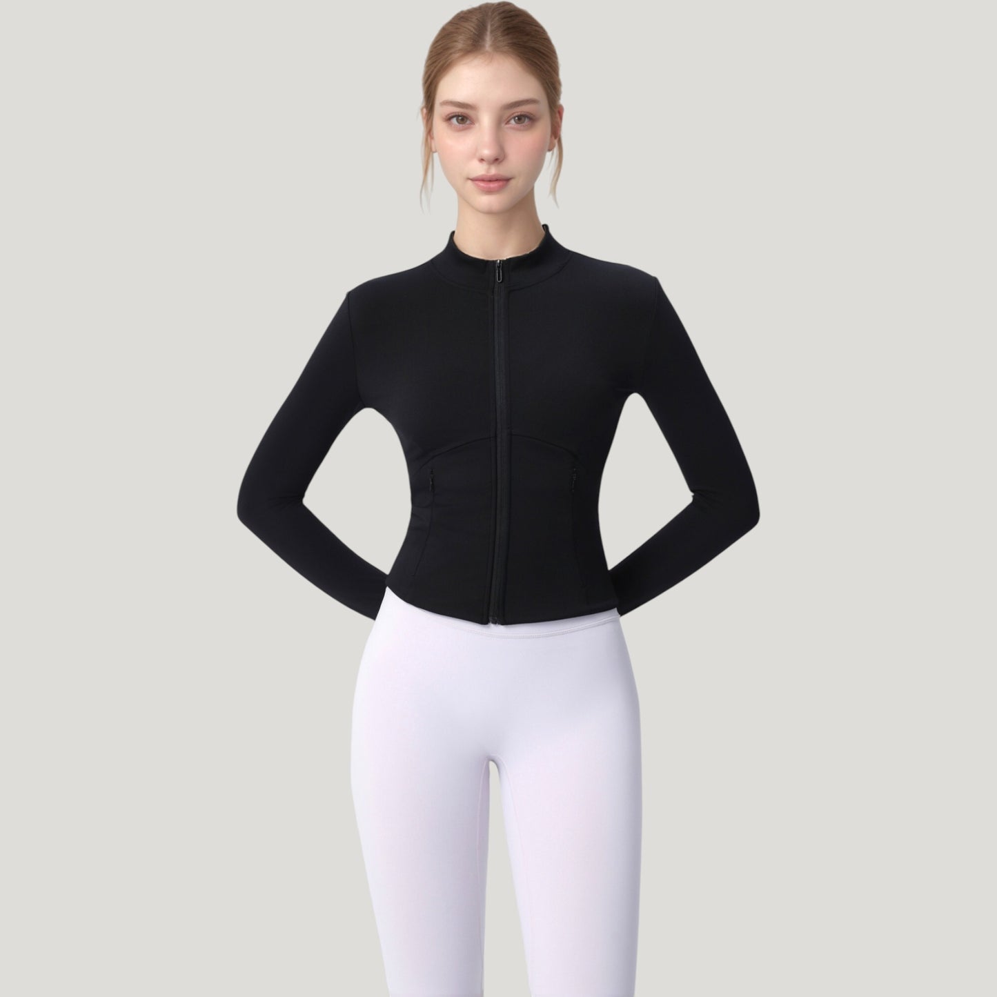 Long Sleeve Full Zip Athletic Jacket with Thumbholes and Fitted Silhouette
