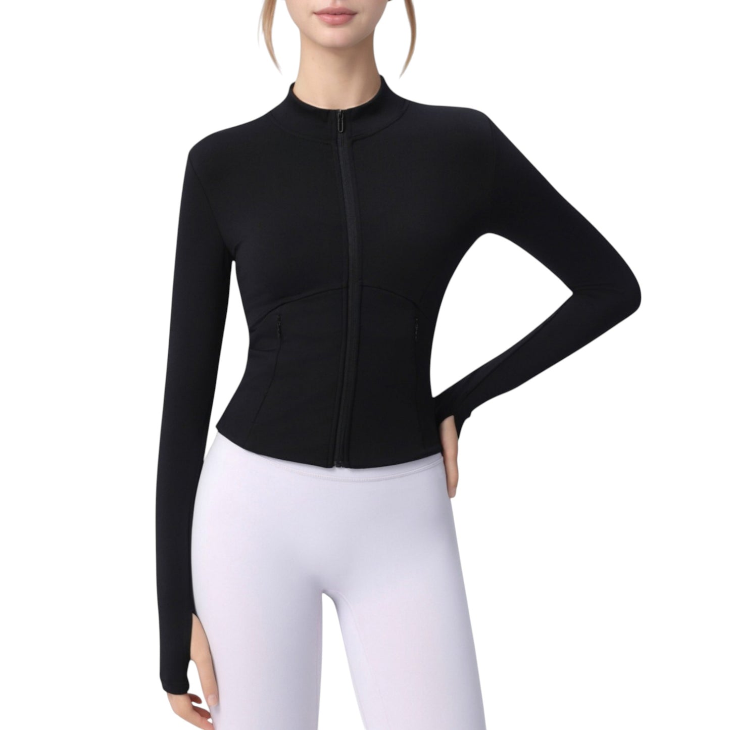 Long Sleeve Full Zip Athletic Jacket with Thumbholes and Fitted Silhouette
