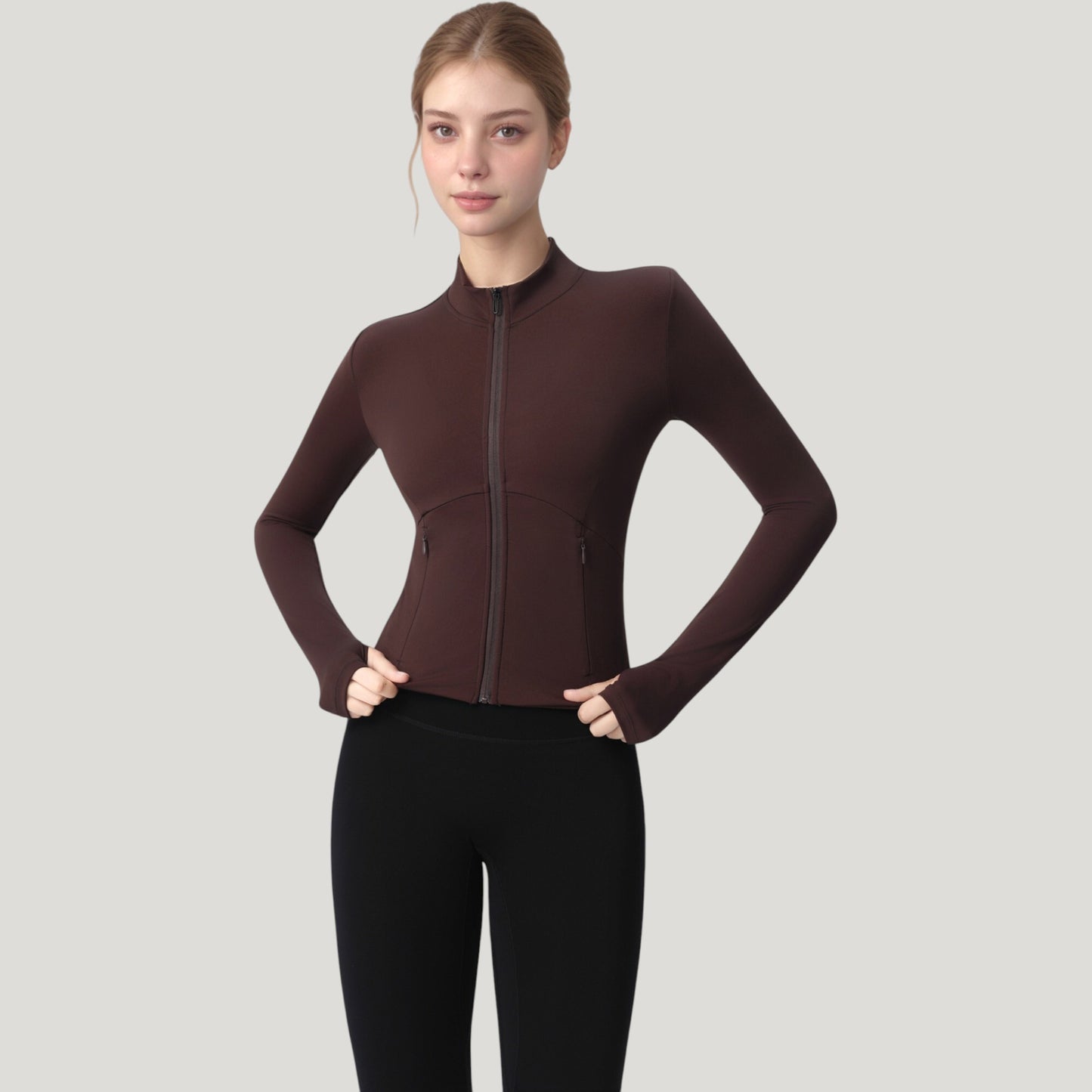 Long Sleeve Full Zip Athletic Jacket with Thumbholes and Fitted Silhouette