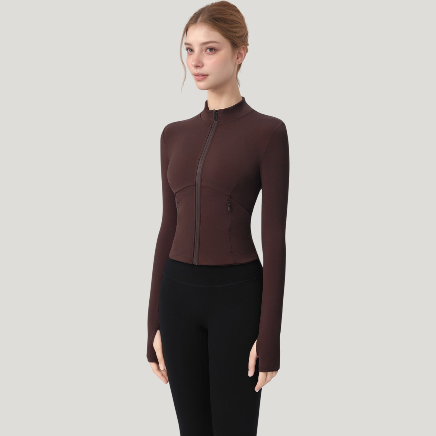Long Sleeve Full Zip Athletic Jacket with Thumbholes and Fitted Silhouette