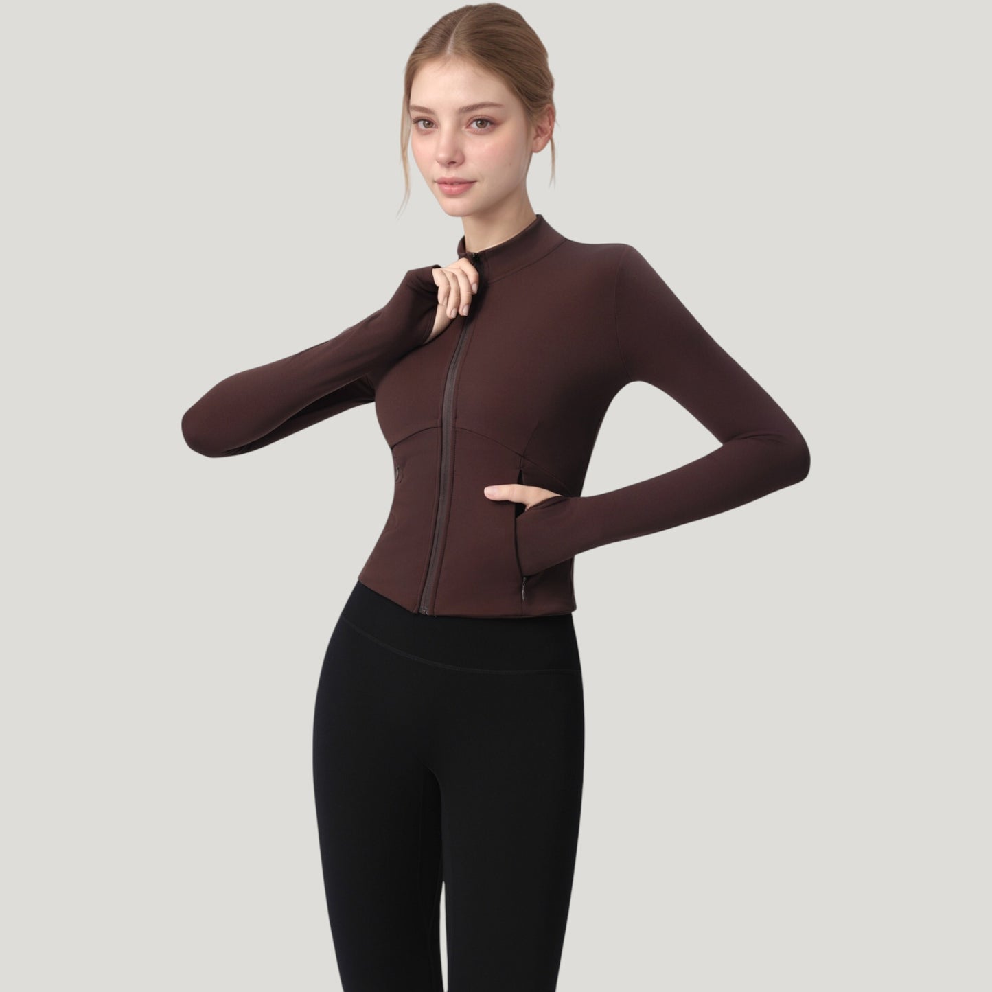 Long Sleeve Full Zip Athletic Jacket with Thumbholes and Fitted Silhouette