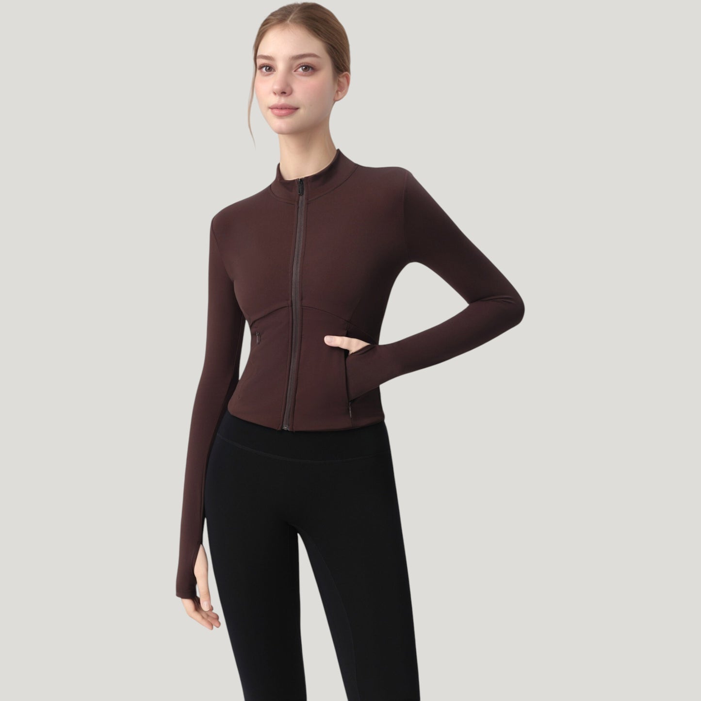 Long Sleeve Full Zip Athletic Jacket with Thumbholes and Fitted Silhouette