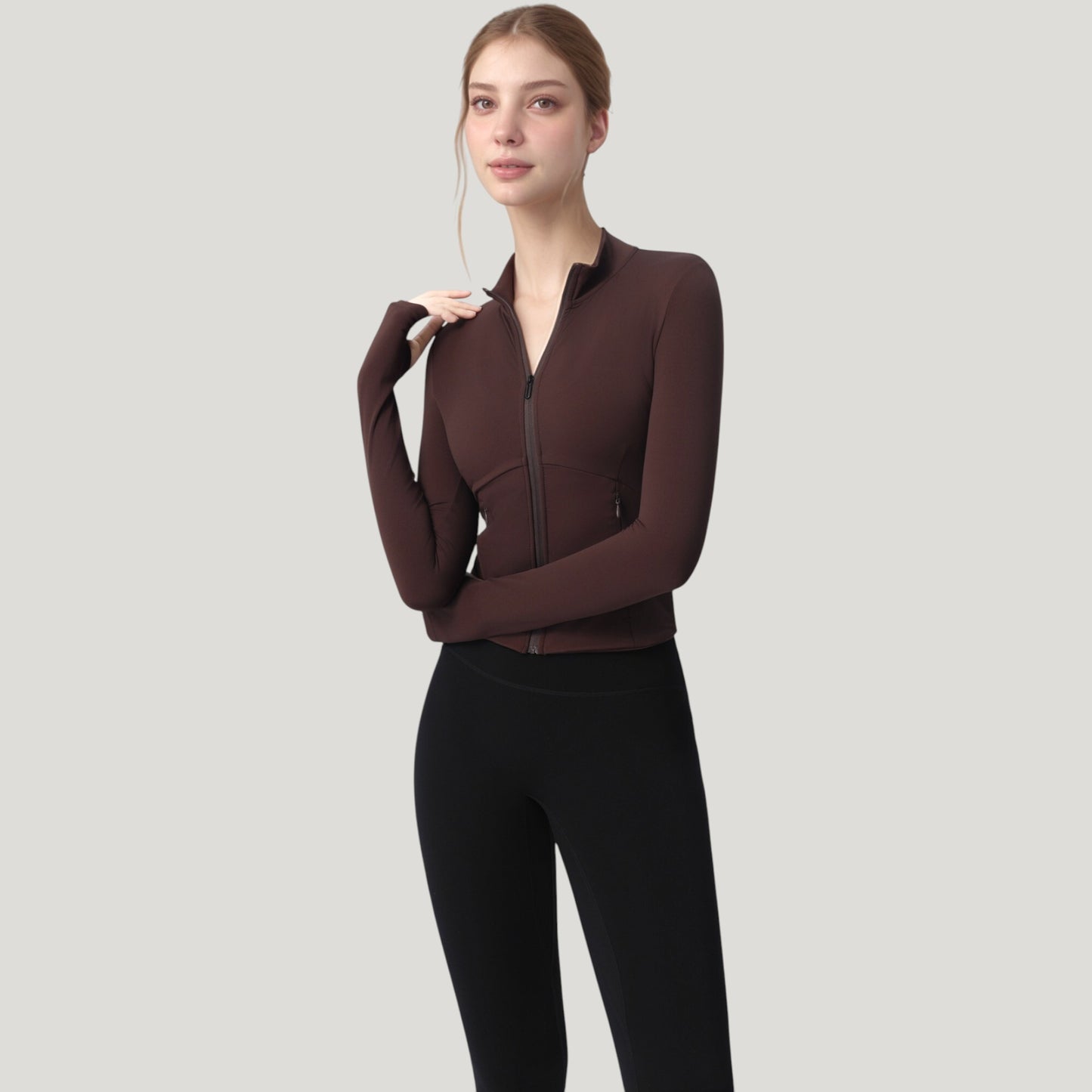 Long Sleeve Full Zip Athletic Jacket with Thumbholes and Fitted Silhouette