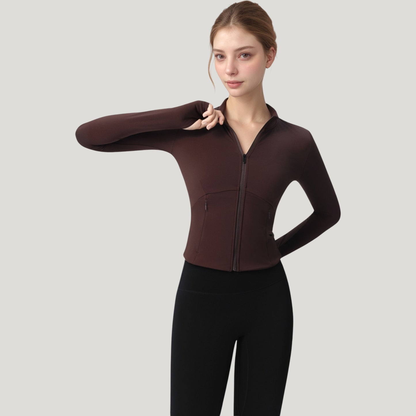 Long Sleeve Full Zip Athletic Jacket with Thumbholes and Fitted Silhouette