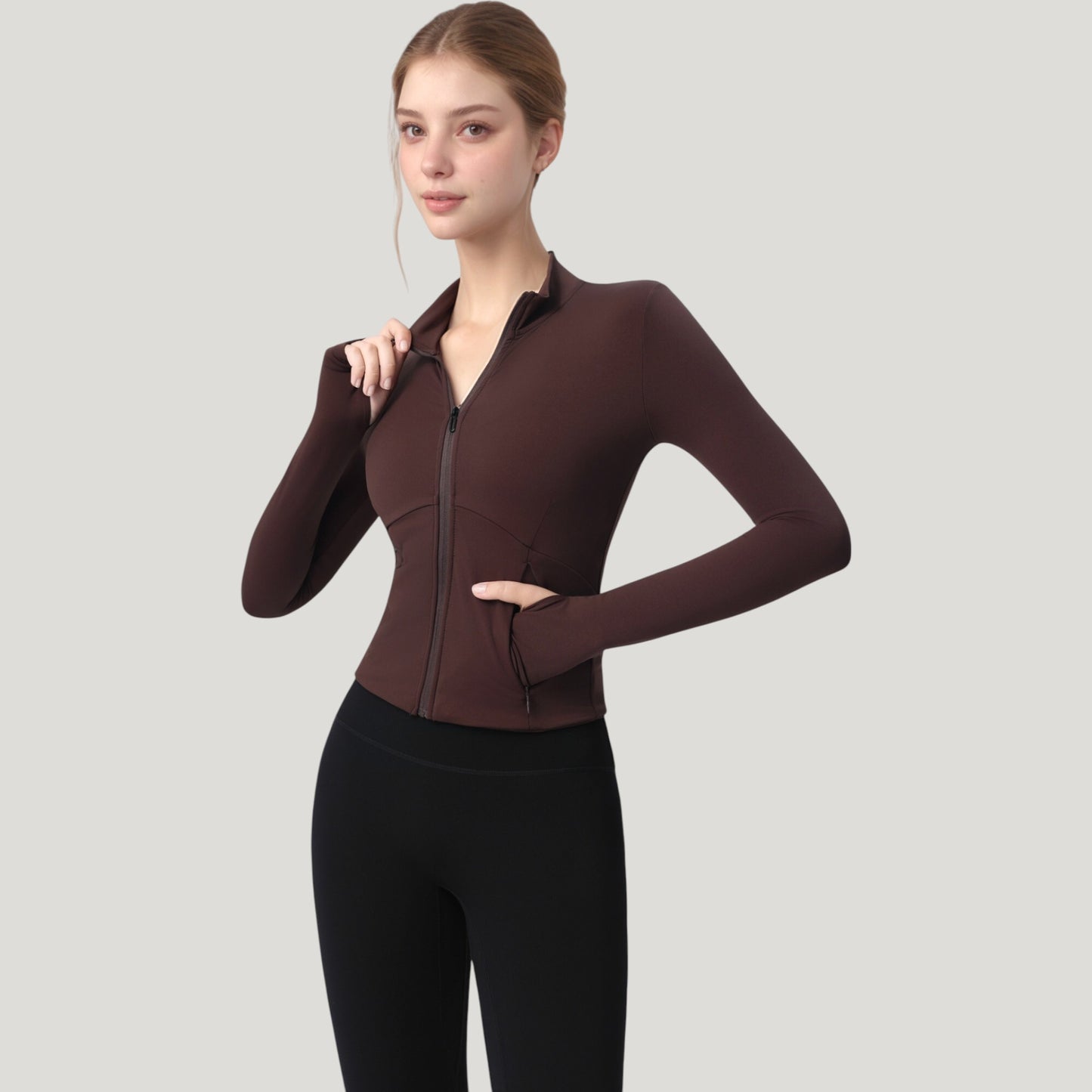 Long Sleeve Full Zip Athletic Jacket with Thumbholes and Fitted Silhouette