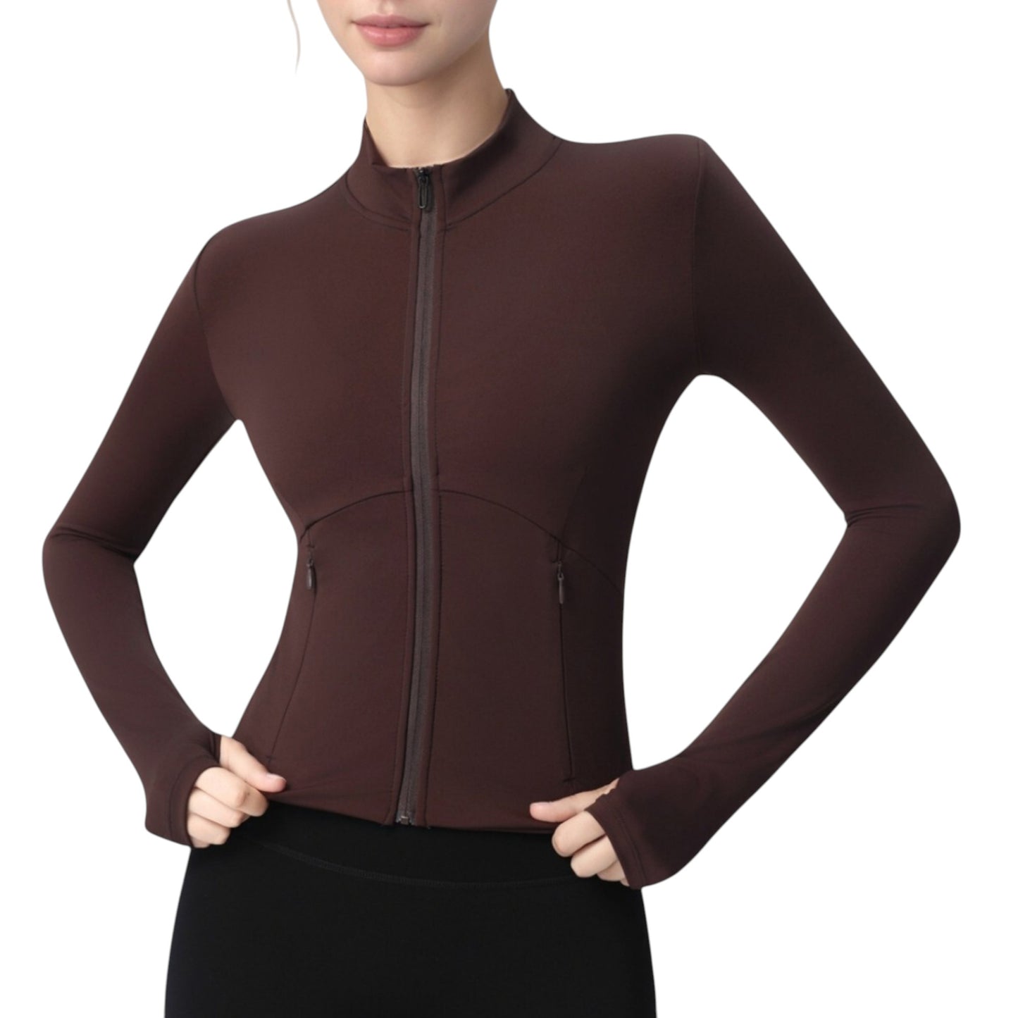 Long Sleeve Full Zip Athletic Jacket with Thumbholes and Fitted Silhouette