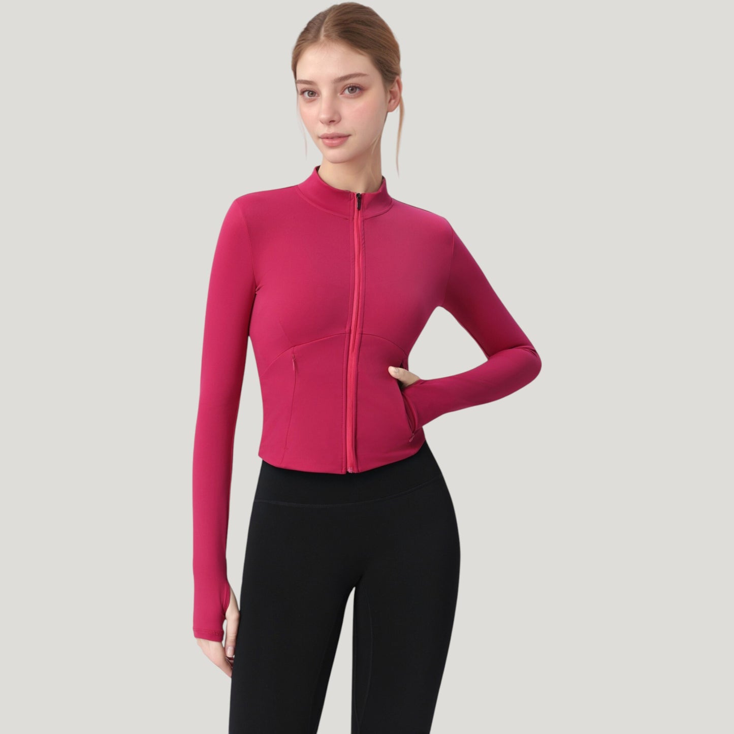 Long Sleeve Full Zip Athletic Jacket with Thumbholes and Fitted Silhouette