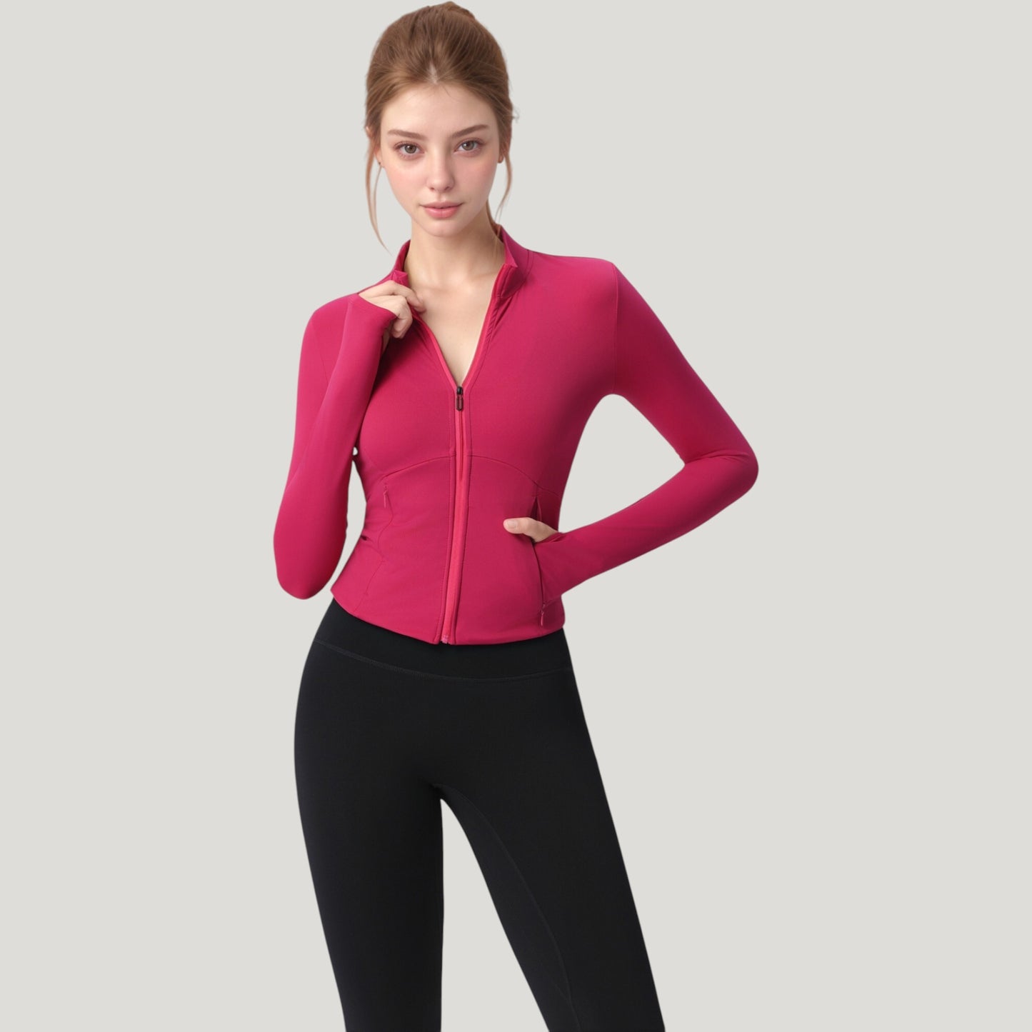 Long Sleeve Full Zip Athletic Jacket with Thumbholes and Fitted Silhouette