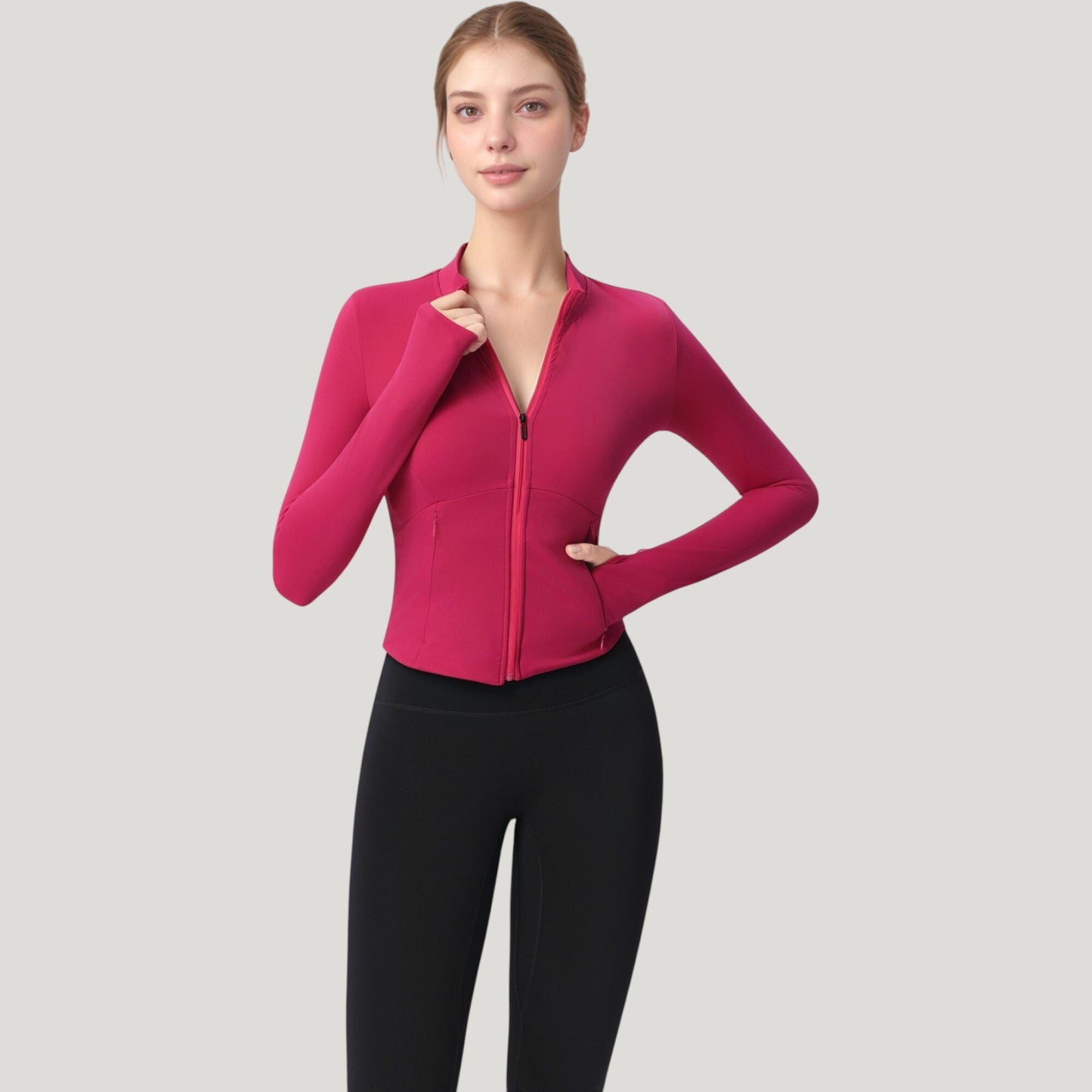 Long Sleeve Full Zip Athletic Jacket with Thumbholes and Fitted Silhouette
