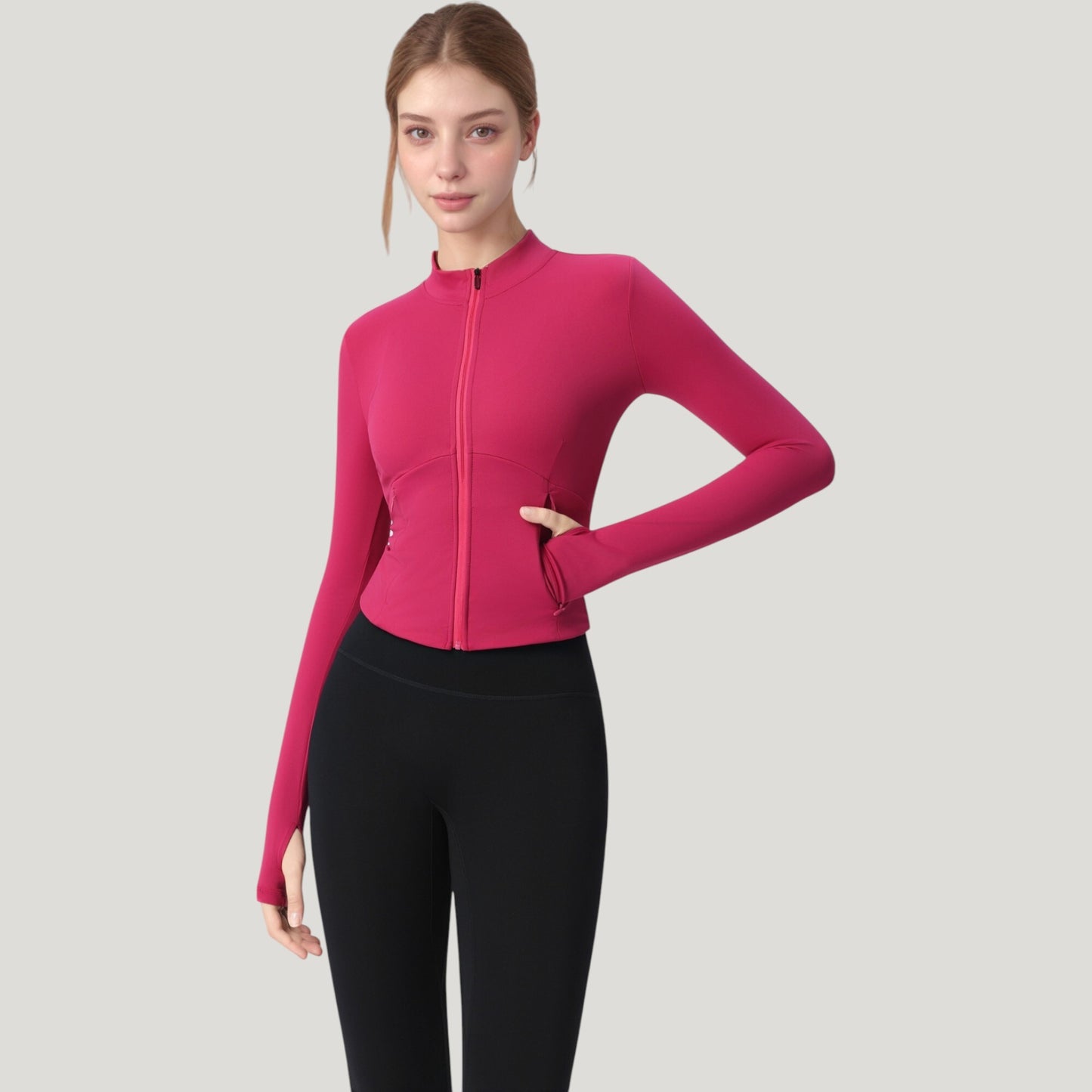 Long Sleeve Full Zip Athletic Jacket with Thumbholes and Fitted Silhouette