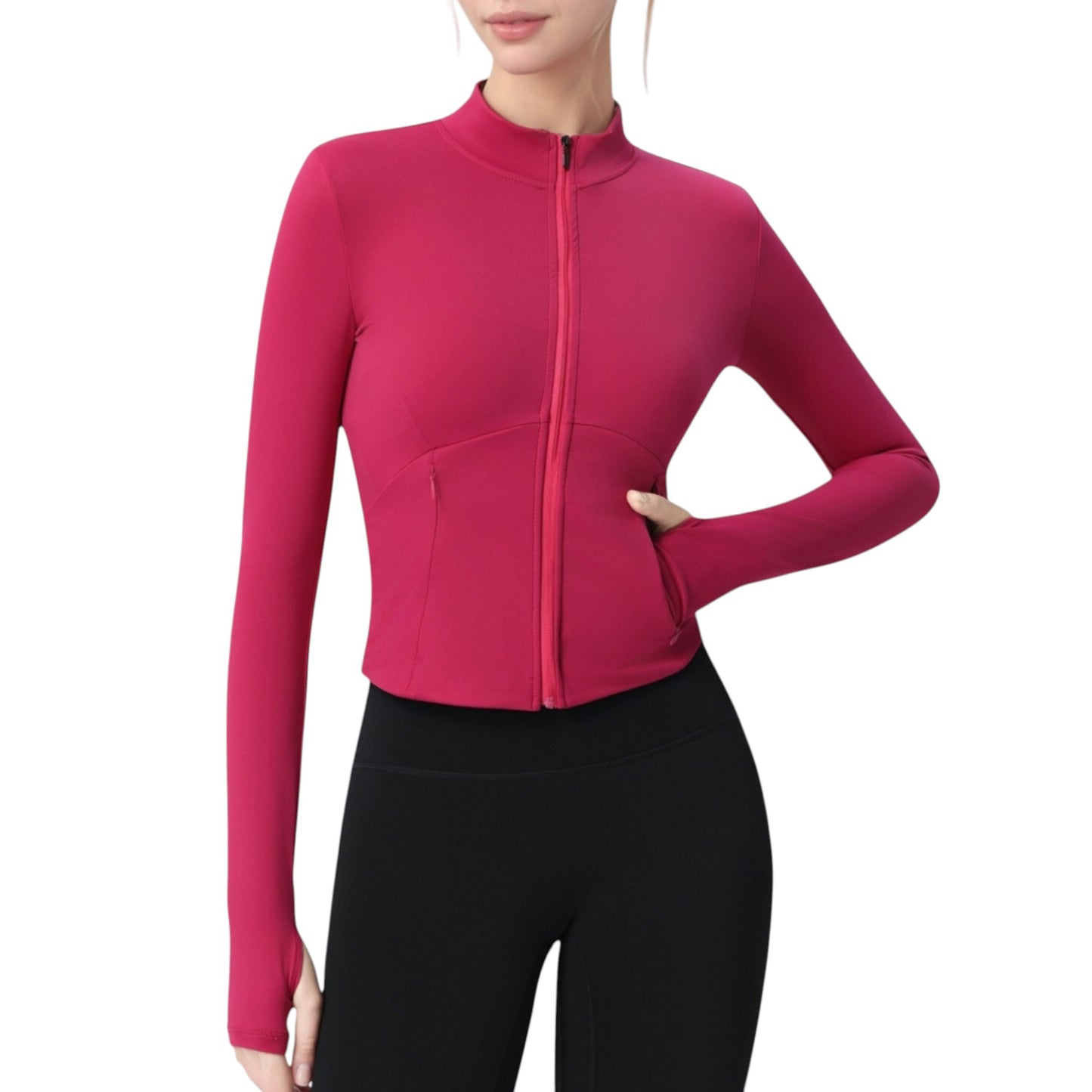 Long Sleeve Full Zip Athletic Jacket with Thumbholes and Fitted Silhouette